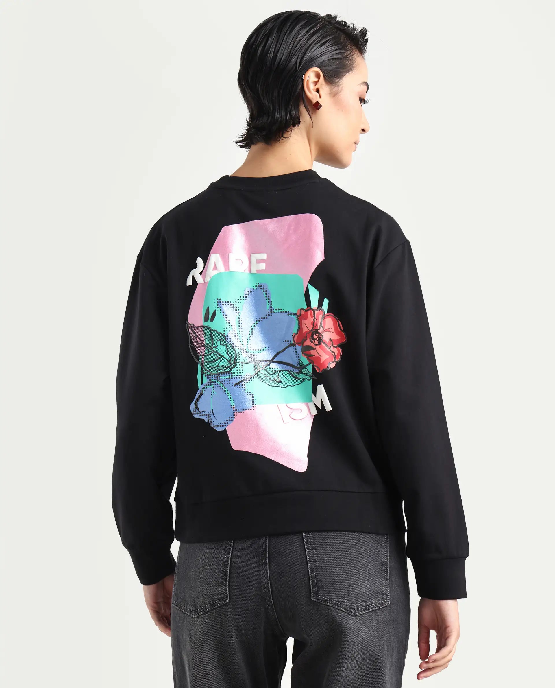 Rareism Women's Swoze Black Cotton Blend Crew Neck Graphic Print Relaxed Fit Sweatshirt
