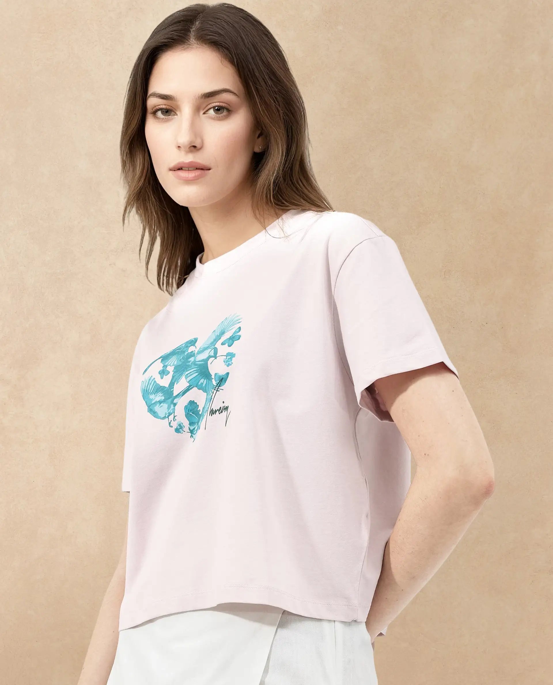 Rareism Women Sydent Pastel Pink Cotton Elastane Fabric Crew Neck Knit Solid T-Shirt