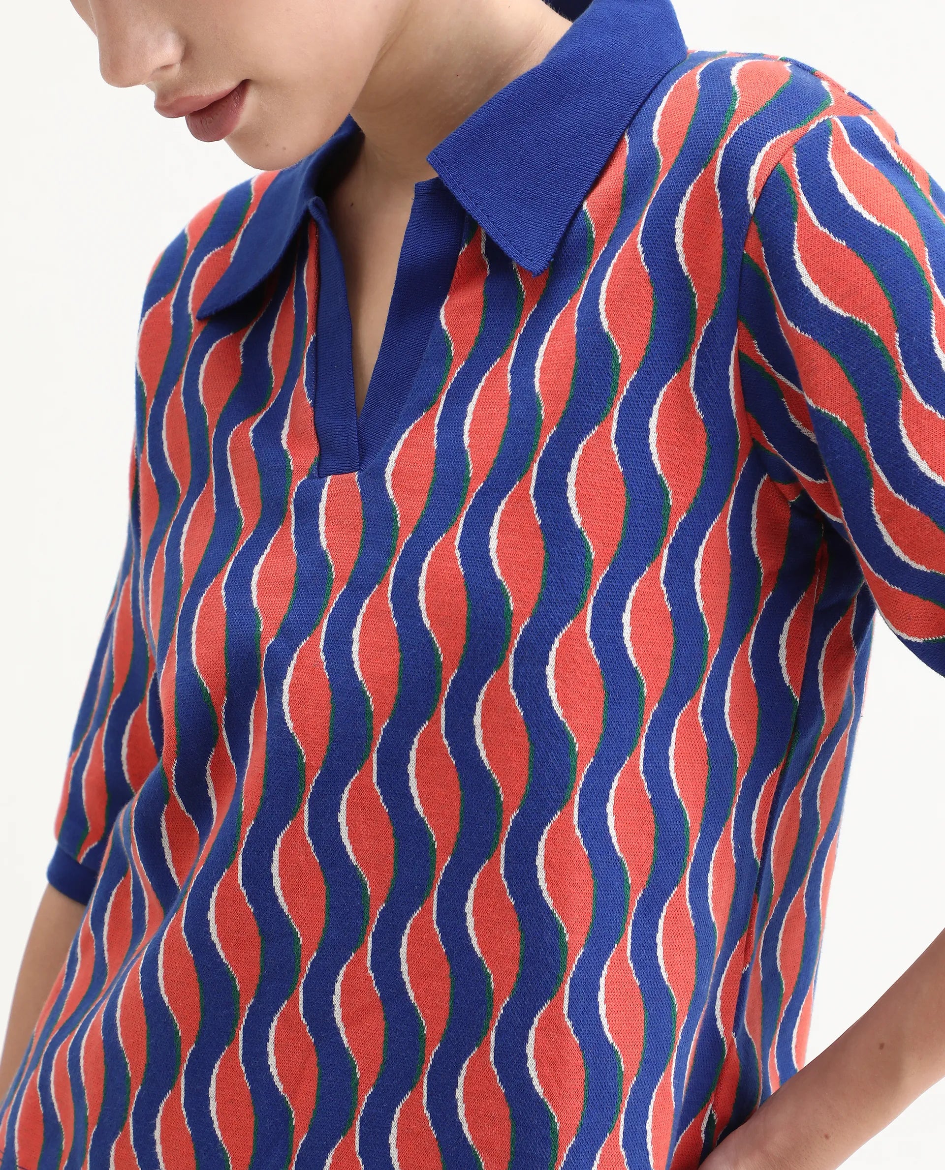 Rareism Women's Sylvi Multi Cotton Ribbed Collar Geometric Print Relaxed Fit Top