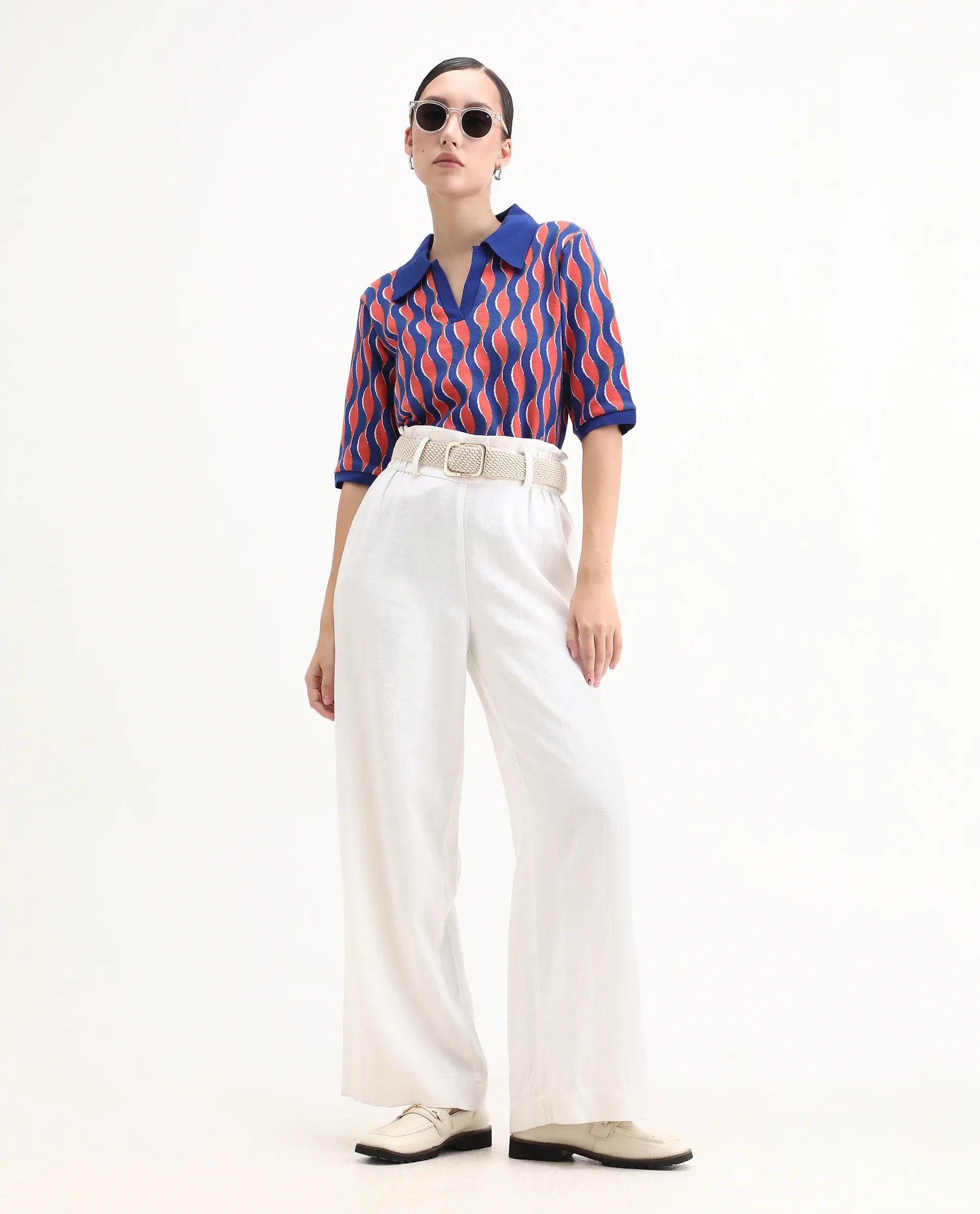 Rareism Women's Sylvi Multi Cotton Ribbed Collar Geometric Print Relaxed Fit Top