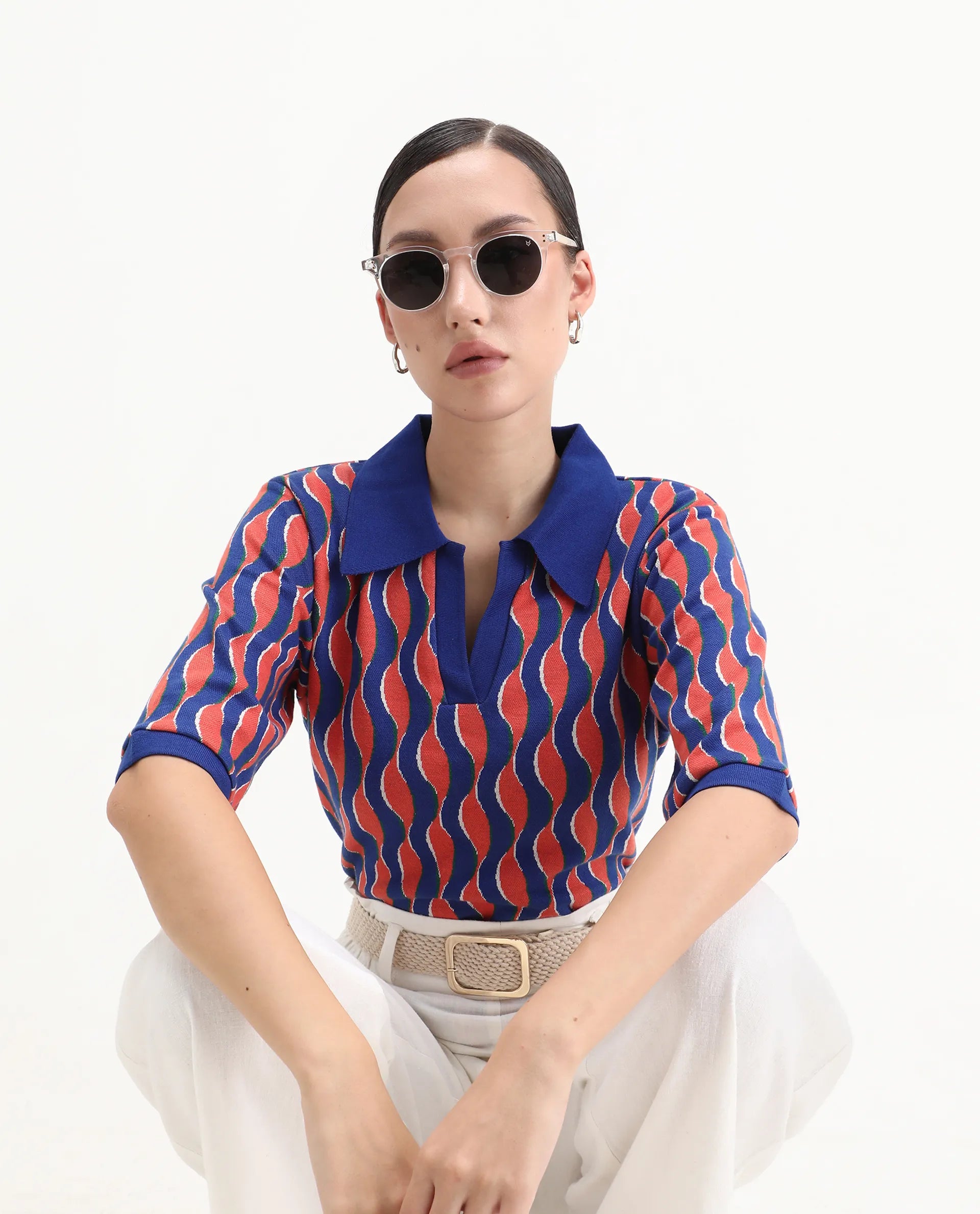 Rareism Women's Sylvi Multi Cotton Ribbed Collar Geometric Print Relaxed Fit Top