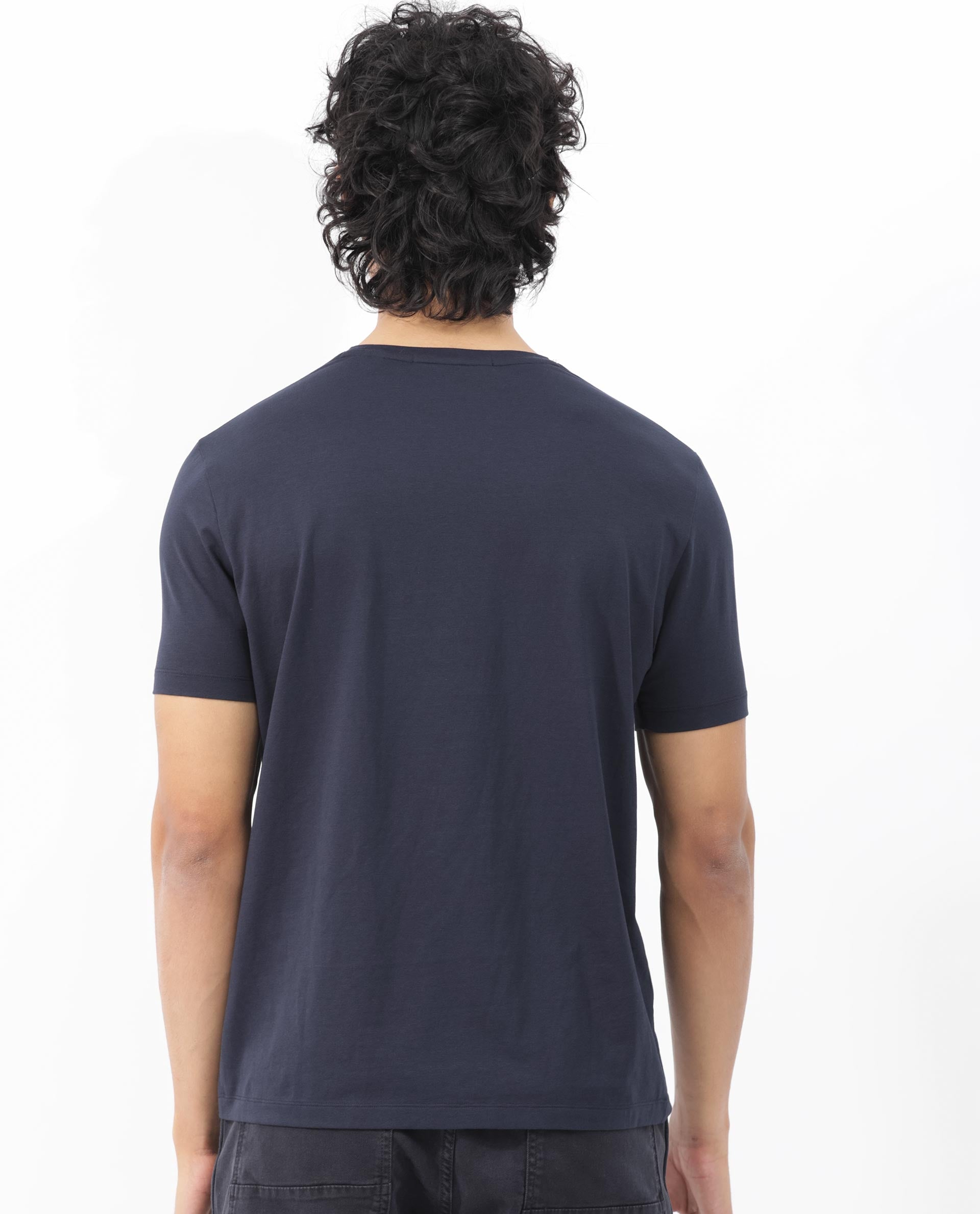 Rare Rabbit Men's Syrus Navy Cotton Lycra Fabric Half Sleeves Graphic Print T-Shirt