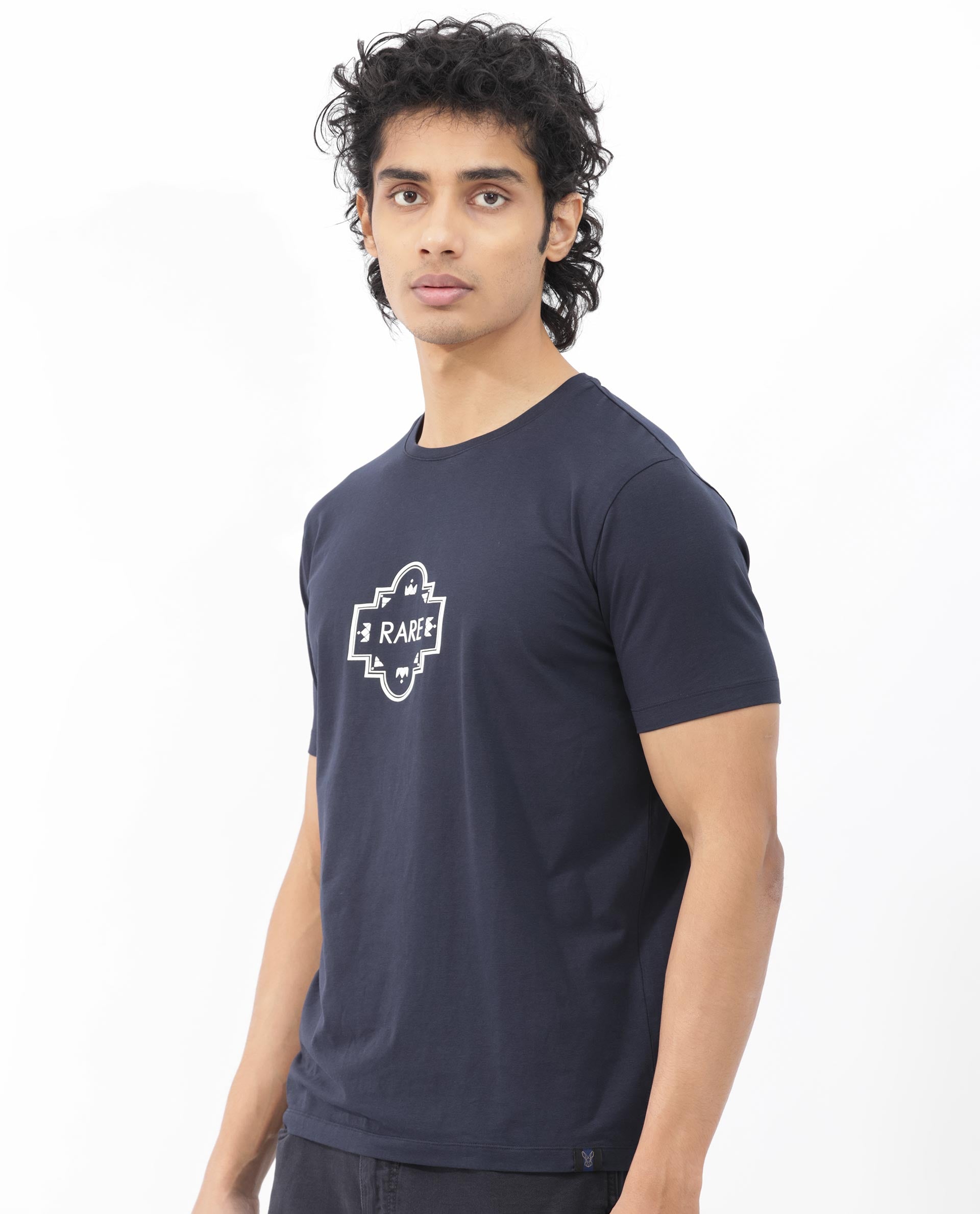 Rare Rabbit Men's Syrus Navy Cotton Lycra Fabric Half Sleeves Graphic Print T-Shirt