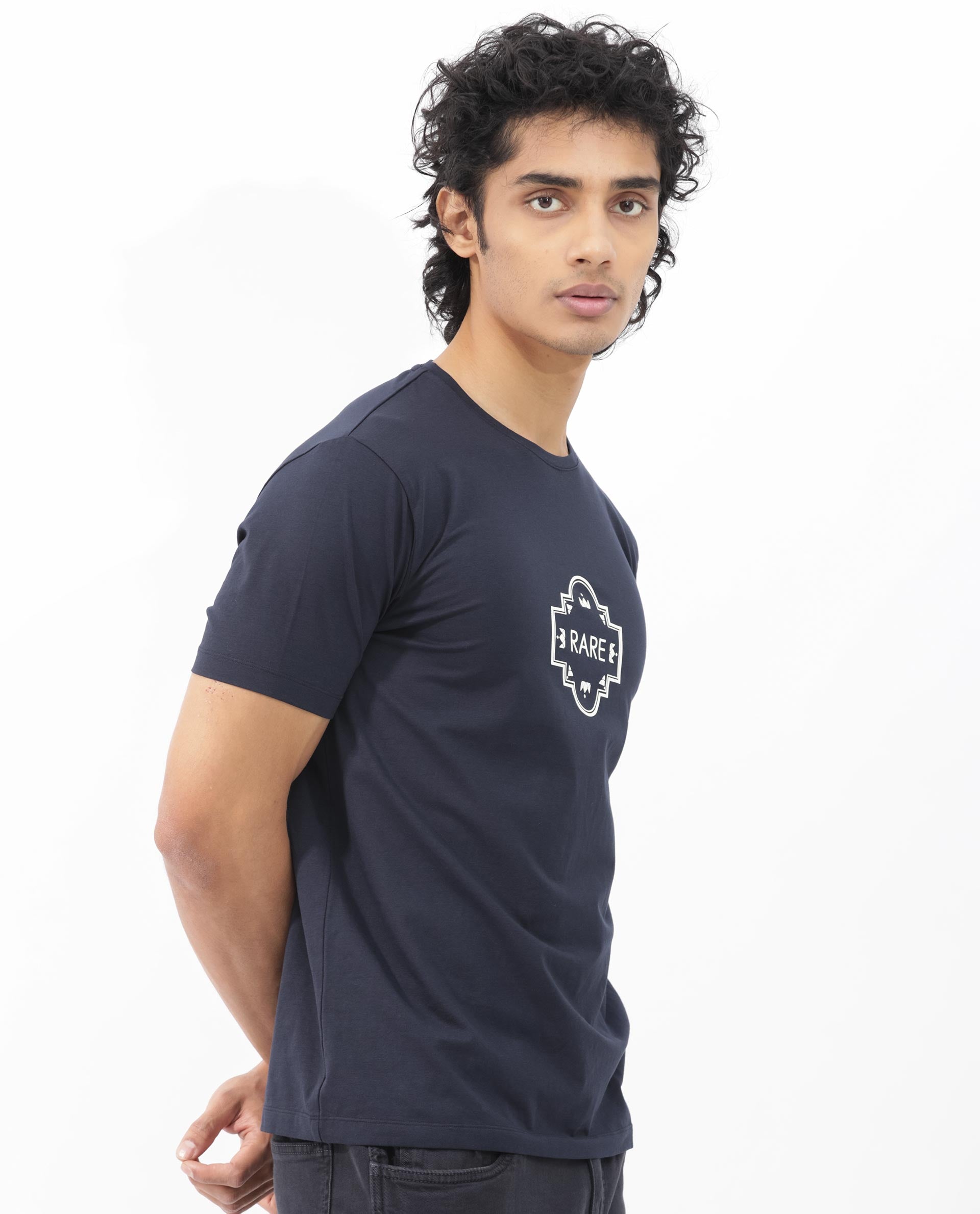 Rare Rabbit Men's Syrus Navy Cotton Lycra Fabric Half Sleeves Graphic Print T-Shirt