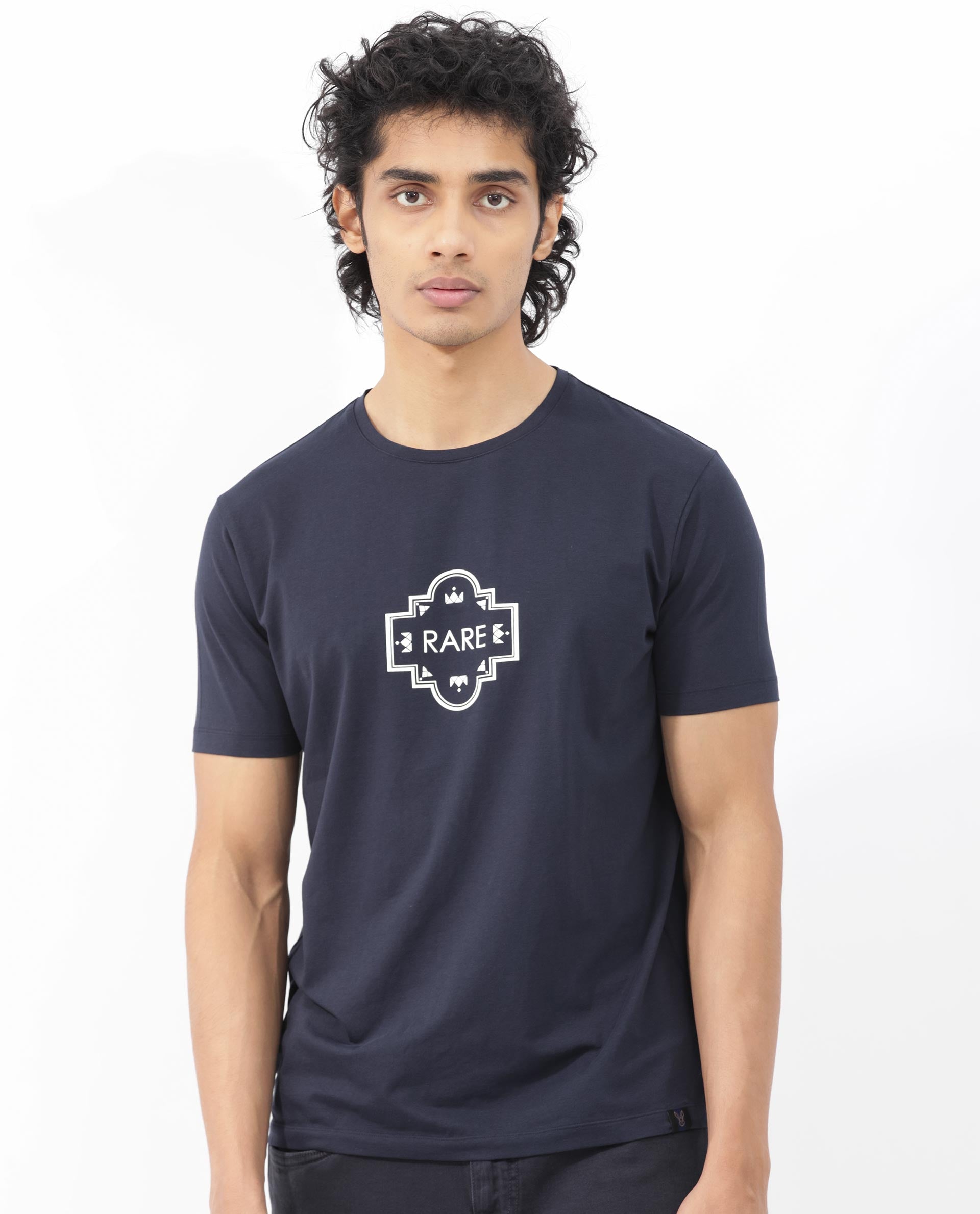 Rare Rabbit Men's Syrus Navy Cotton Lycra Fabric Half Sleeves Graphic Print T-Shirt