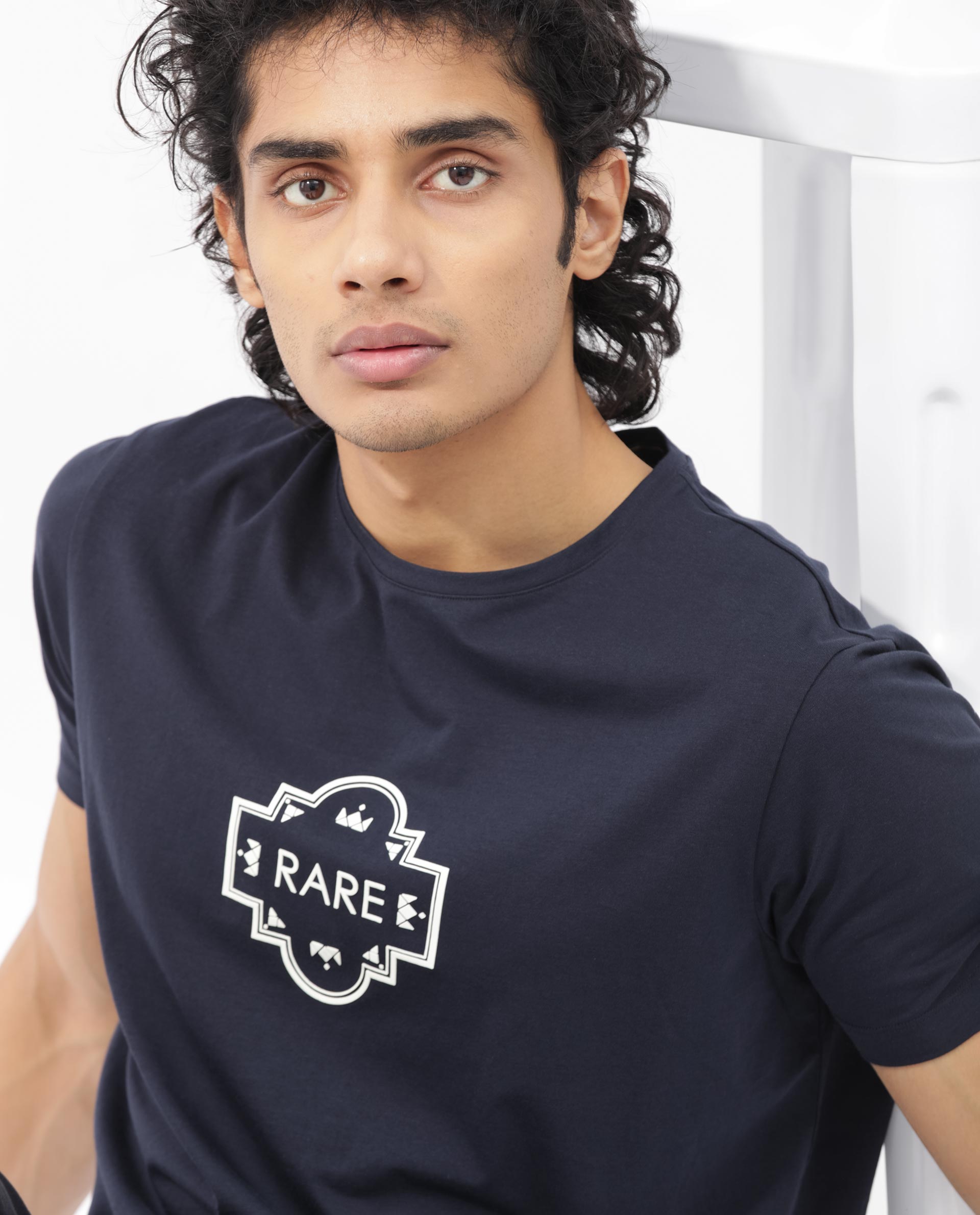 Rare Rabbit Men's Syrus Navy Cotton Lycra Fabric Half Sleeves Graphic Print T-Shirt