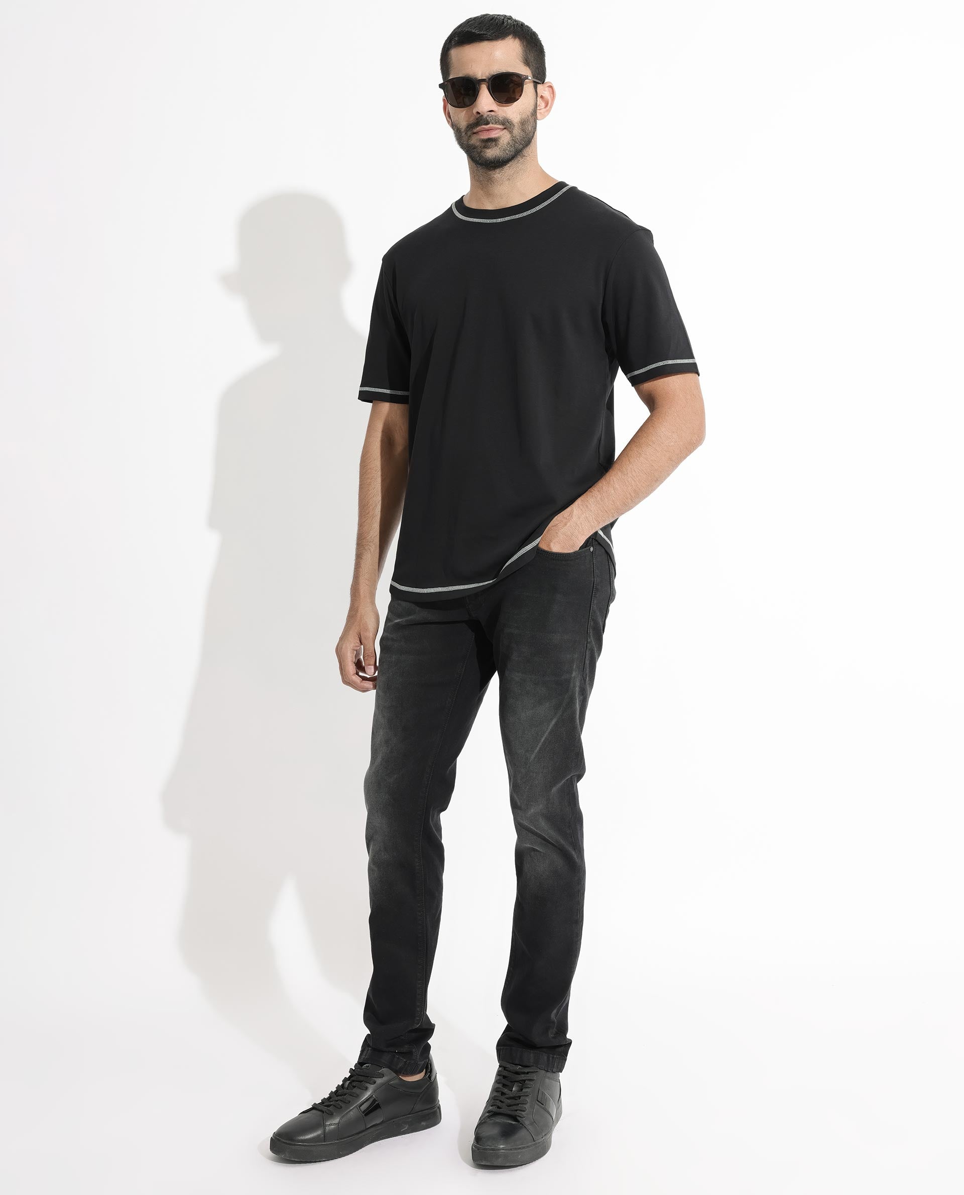 Rare Rabbit Men's Sable Black Crew Neck Half Sleeves Drop Shoulder With Contrast Overstitch Boxy Fit Solid T-Shirt
