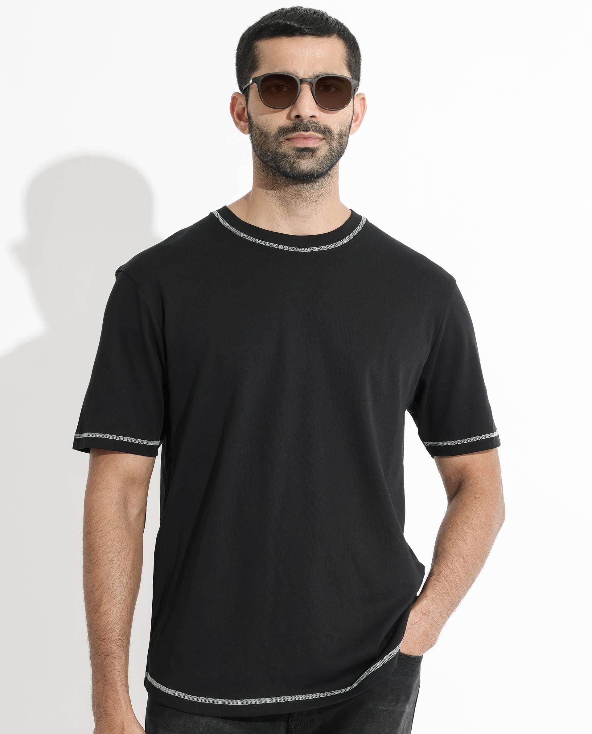 Rare Rabbit Men's Sable Black Crew Neck Half Sleeves Drop Shoulder With Contrast Overstitch Boxy Fit Solid T-Shirt