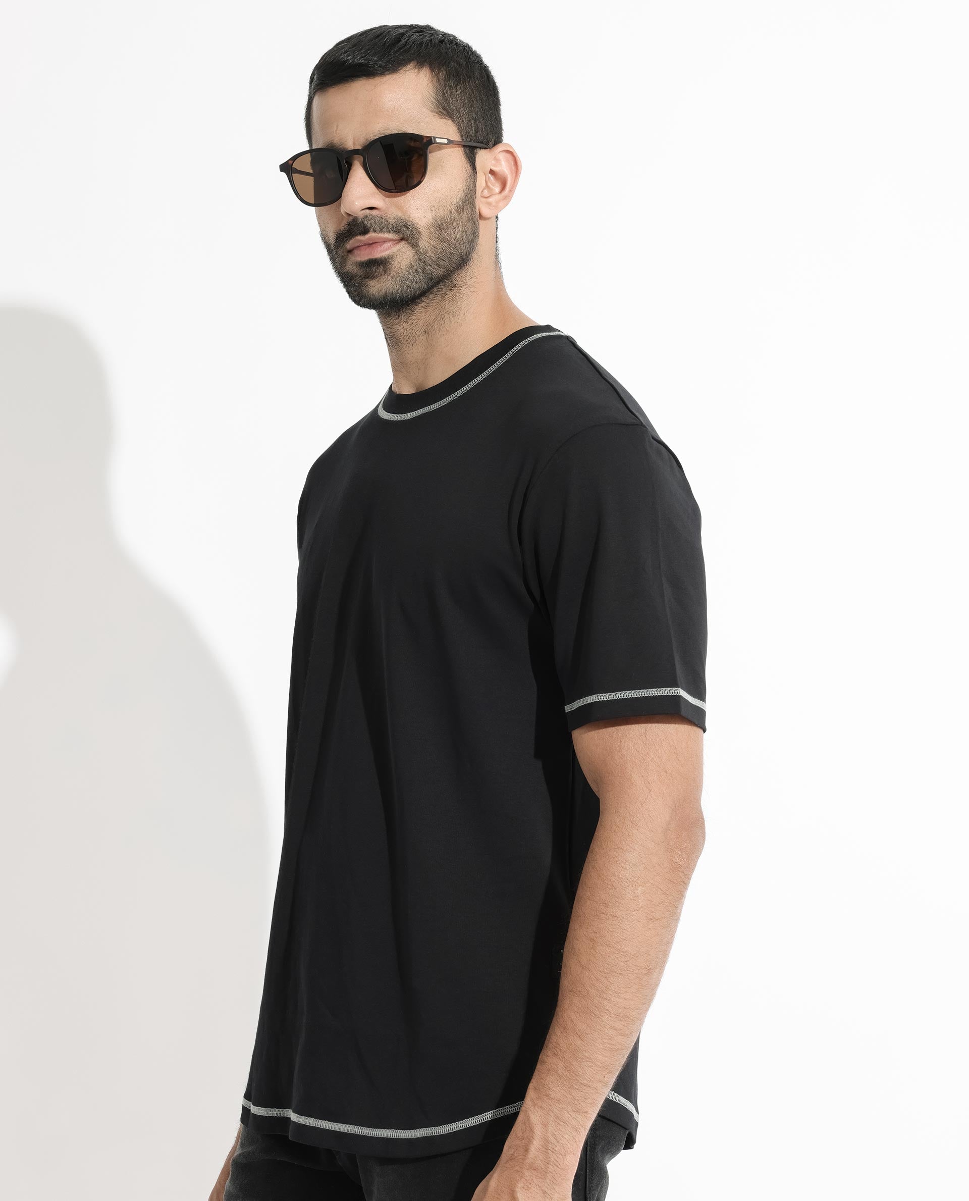 Rare Rabbit Men's Sable Black Crew Neck Half Sleeves Drop Shoulder With Contrast Overstitch Boxy Fit Solid T-Shirt