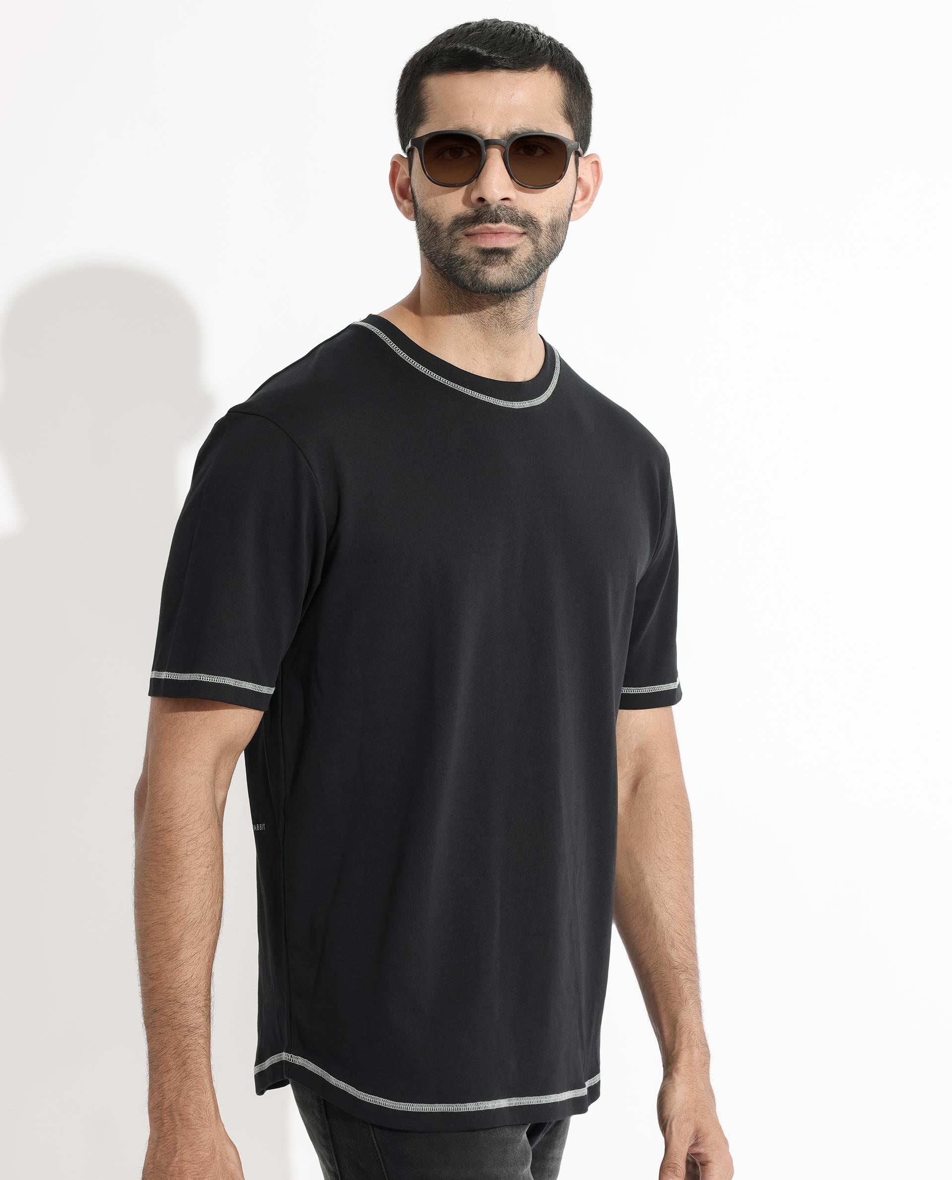 Rare Rabbit Men's Sable Black Crew Neck Half Sleeves Drop Shoulder With Contrast Overstitch Boxy Fit Solid T-Shirt
