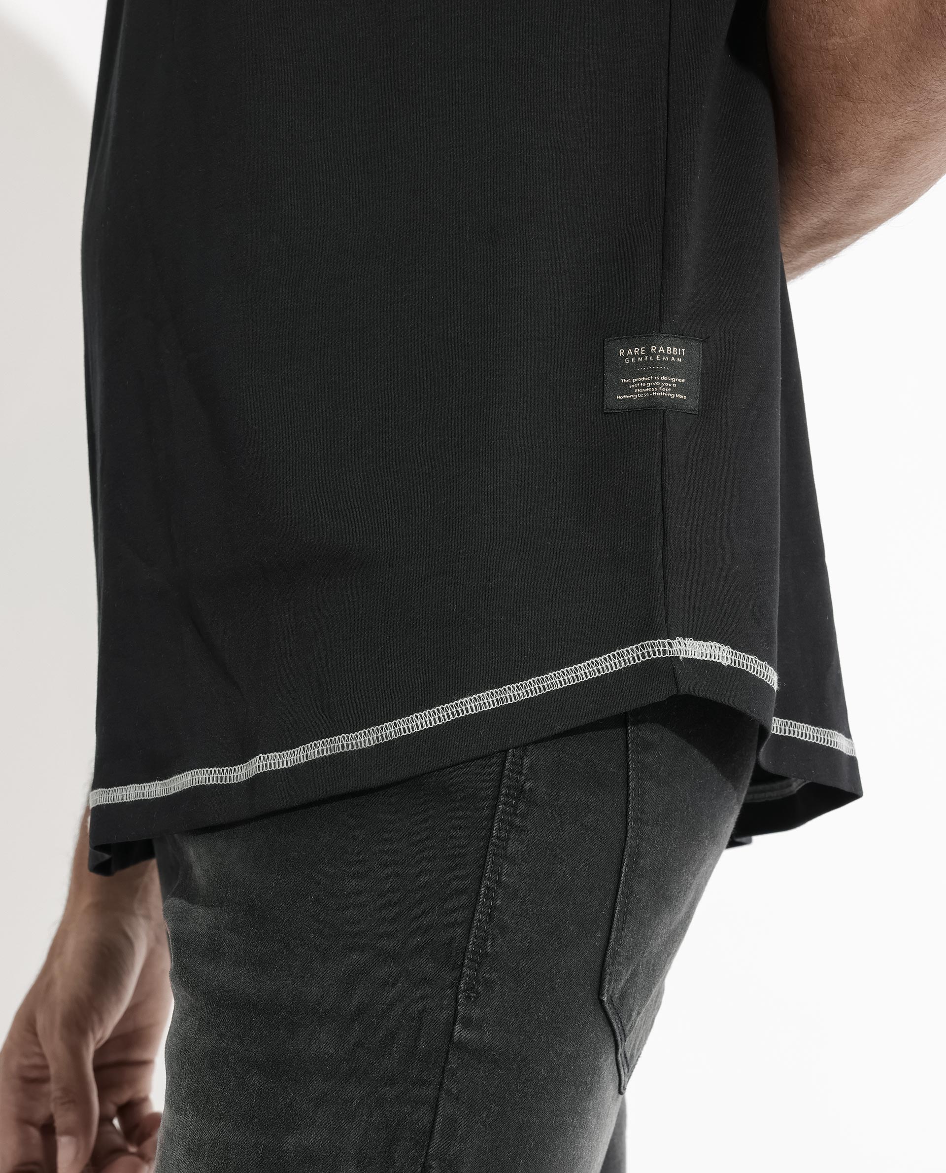 Rare Rabbit Men's Sable Black Crew Neck Half Sleeves Drop Shoulder With Contrast Overstitch Boxy Fit Solid T-Shirt