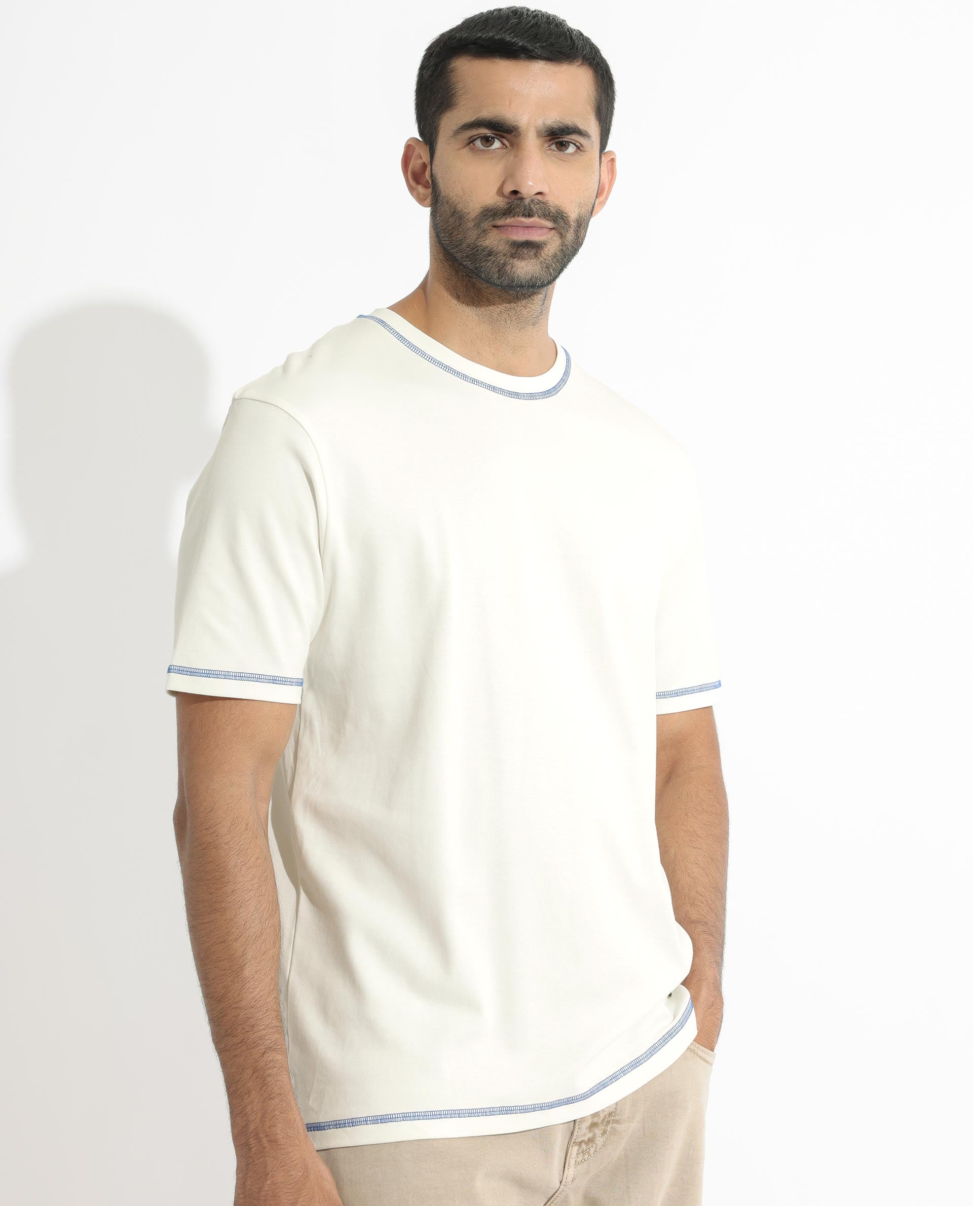 Rare Rabbit Men's Sable Off-White Crew Neck Half Sleeves Drop Shoulder With Contrast Overstitch Boxy Fit Solid T-Shirt
