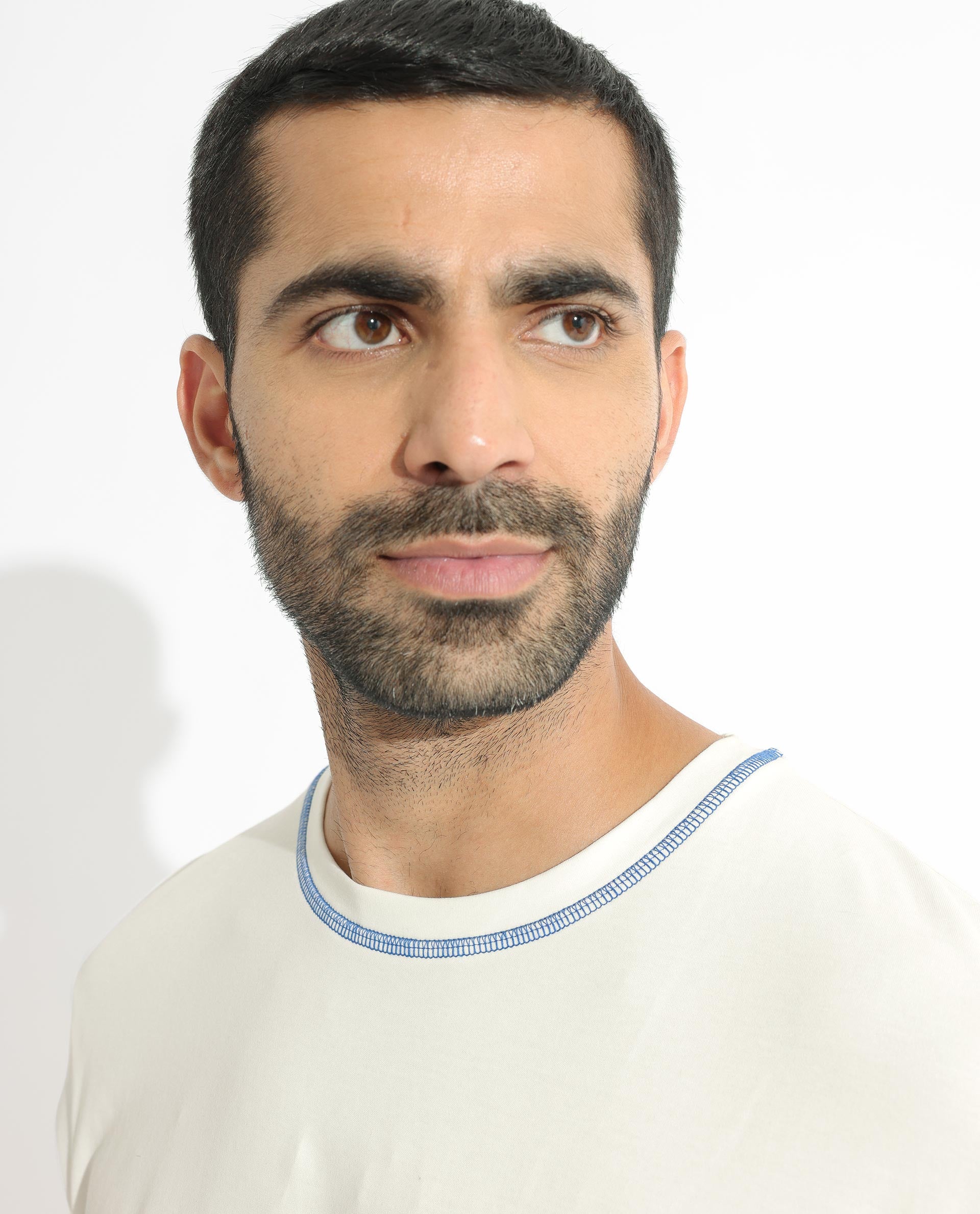 Rare Rabbit Men's Sable Off-White Crew Neck Half Sleeves Drop Shoulder With Contrast Overstitch Boxy Fit Solid T-Shirt