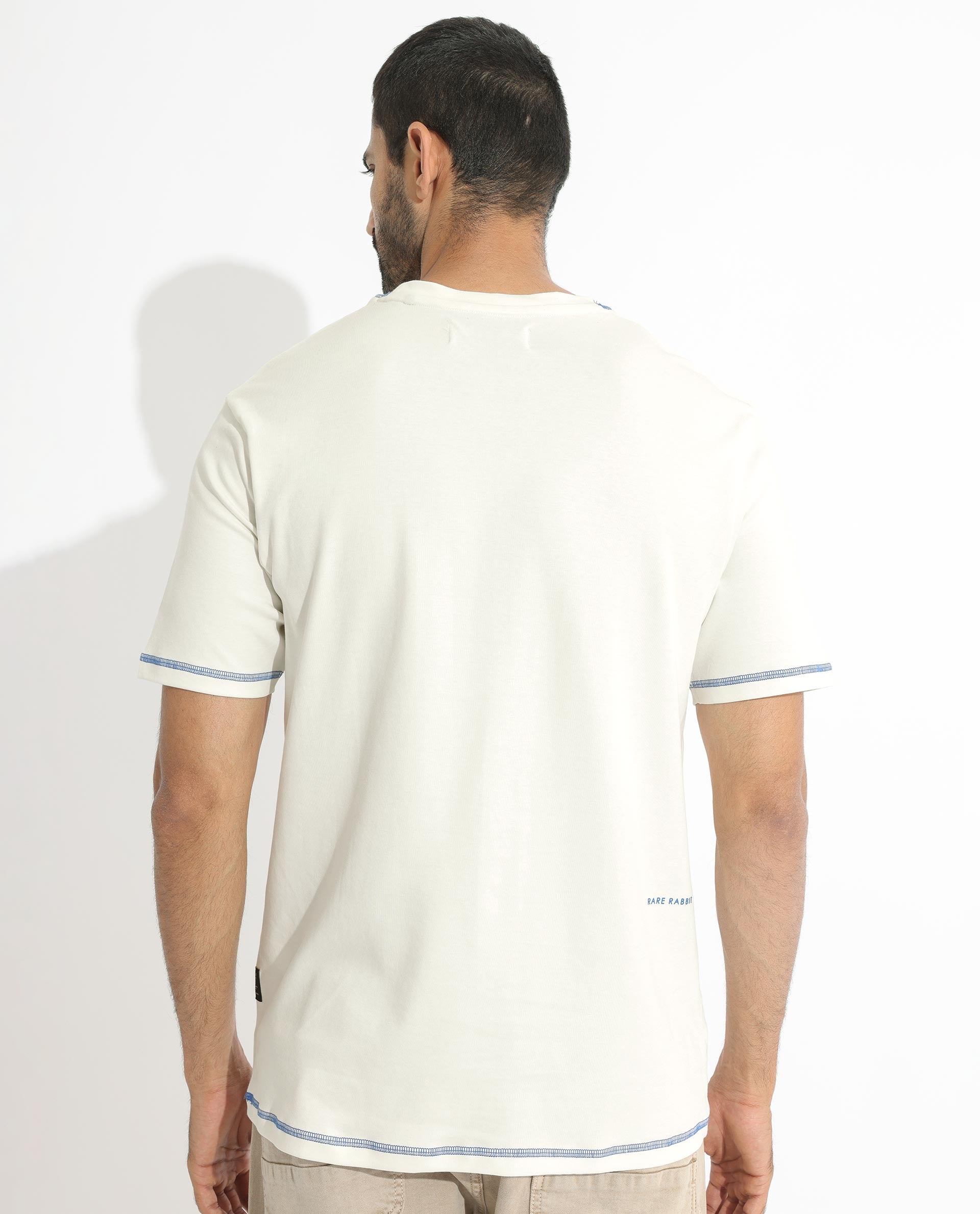 Rare Rabbit Men's Sable Off-White Crew Neck Half Sleeves Drop Shoulder With Contrast Overstitch Boxy Fit Solid T-Shirt