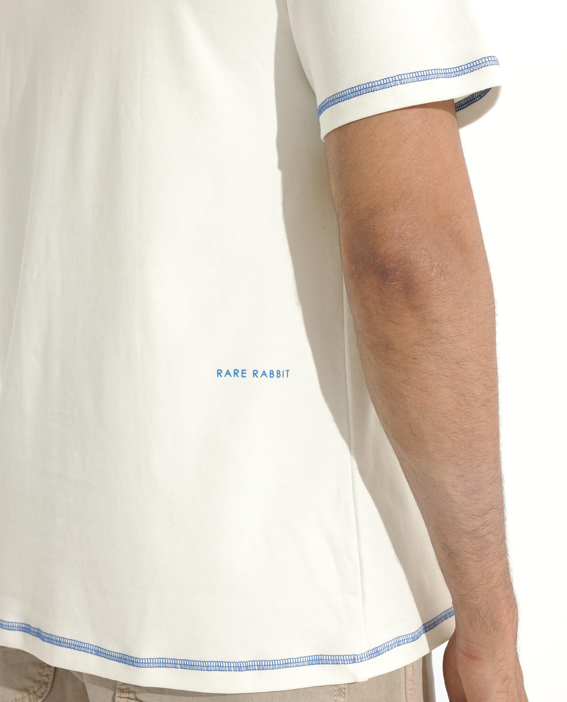Rare Rabbit Men's Sable Off-White Crew Neck Half Sleeves Drop Shoulder With Contrast Overstitch Boxy Fit Solid T-Shirt