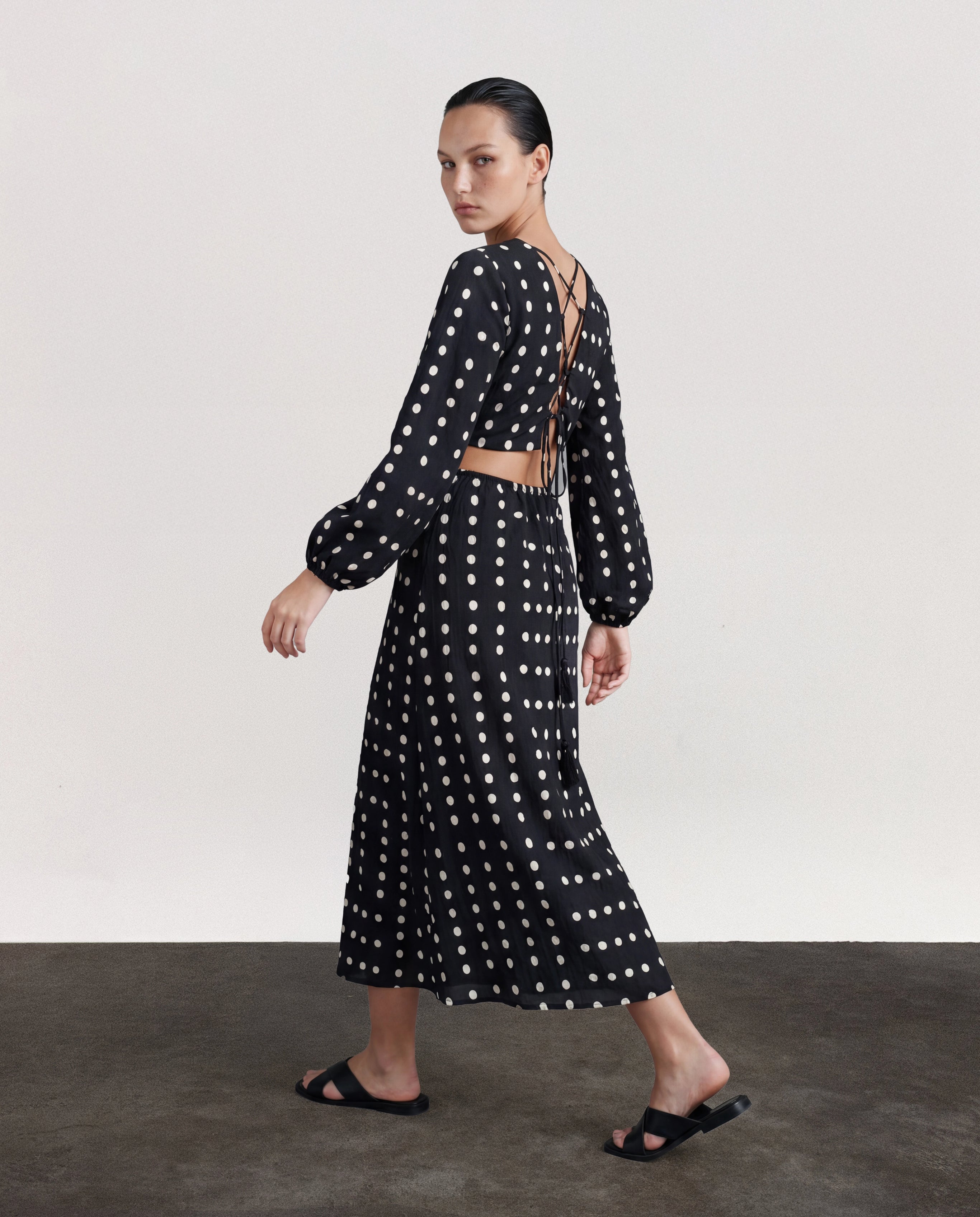 Rareism Women's Sassari Black Nylon Blend V-Neck Polka Print Bishop Sleeve Maxi Regular Fit Dress