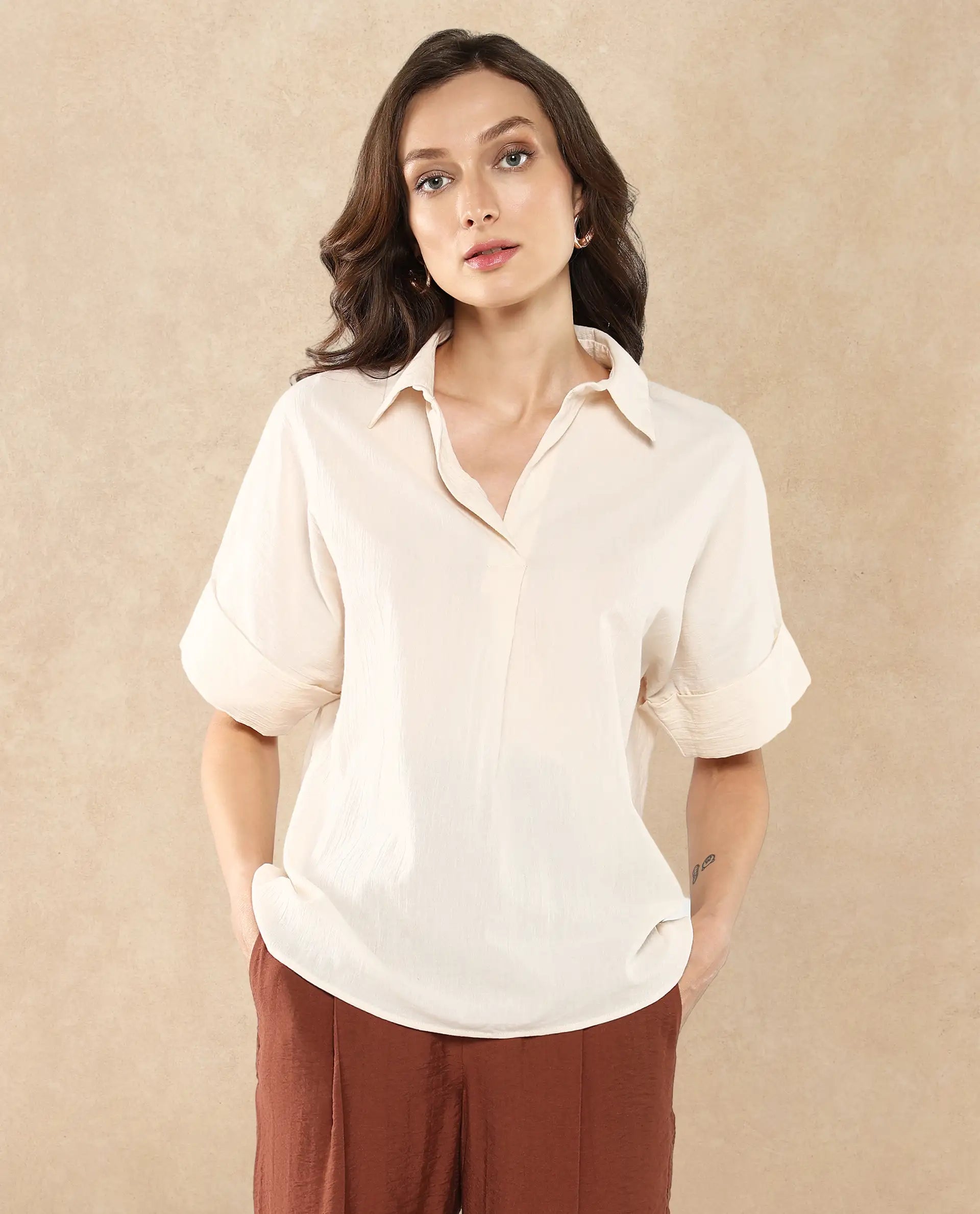 Rareism Women Tabsco Light Off White Short Sleeve Lapel Neck Button Closure Plain Shirt