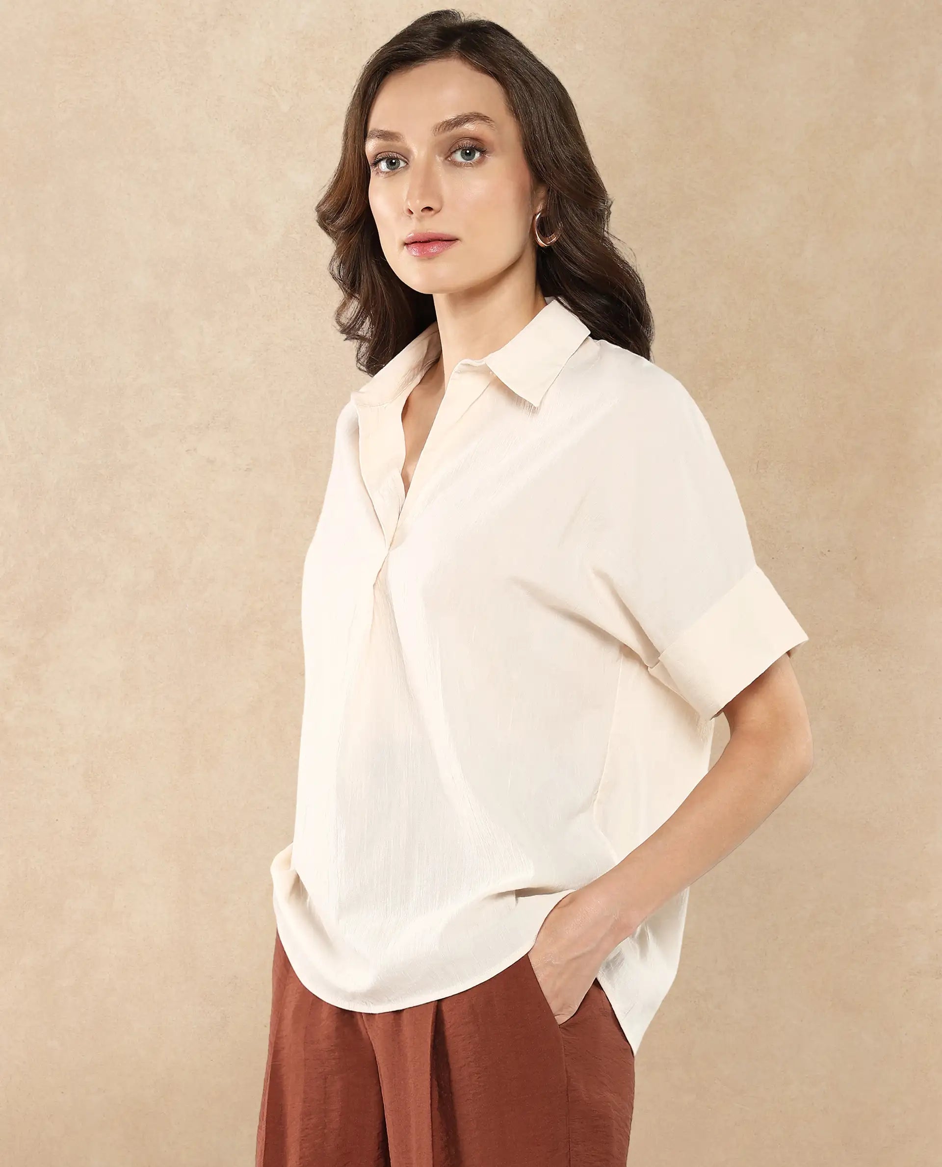 Rareism Women Tabsco Light Off White Short Sleeve Lapel Neck Button Closure Plain Shirt