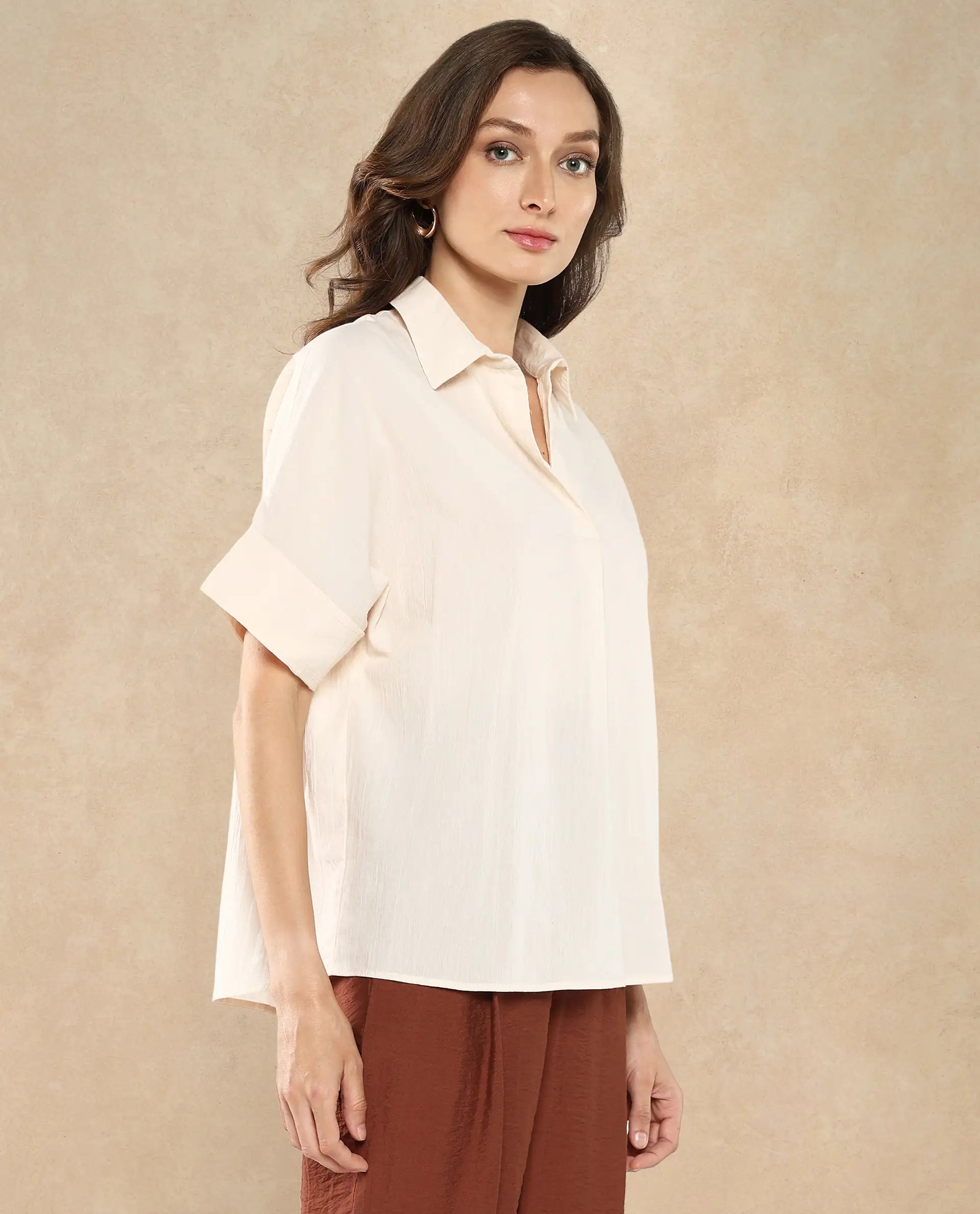 Rareism Women Tabsco Light Off White Short Sleeve Lapel Neck Button Closure Plain Shirt