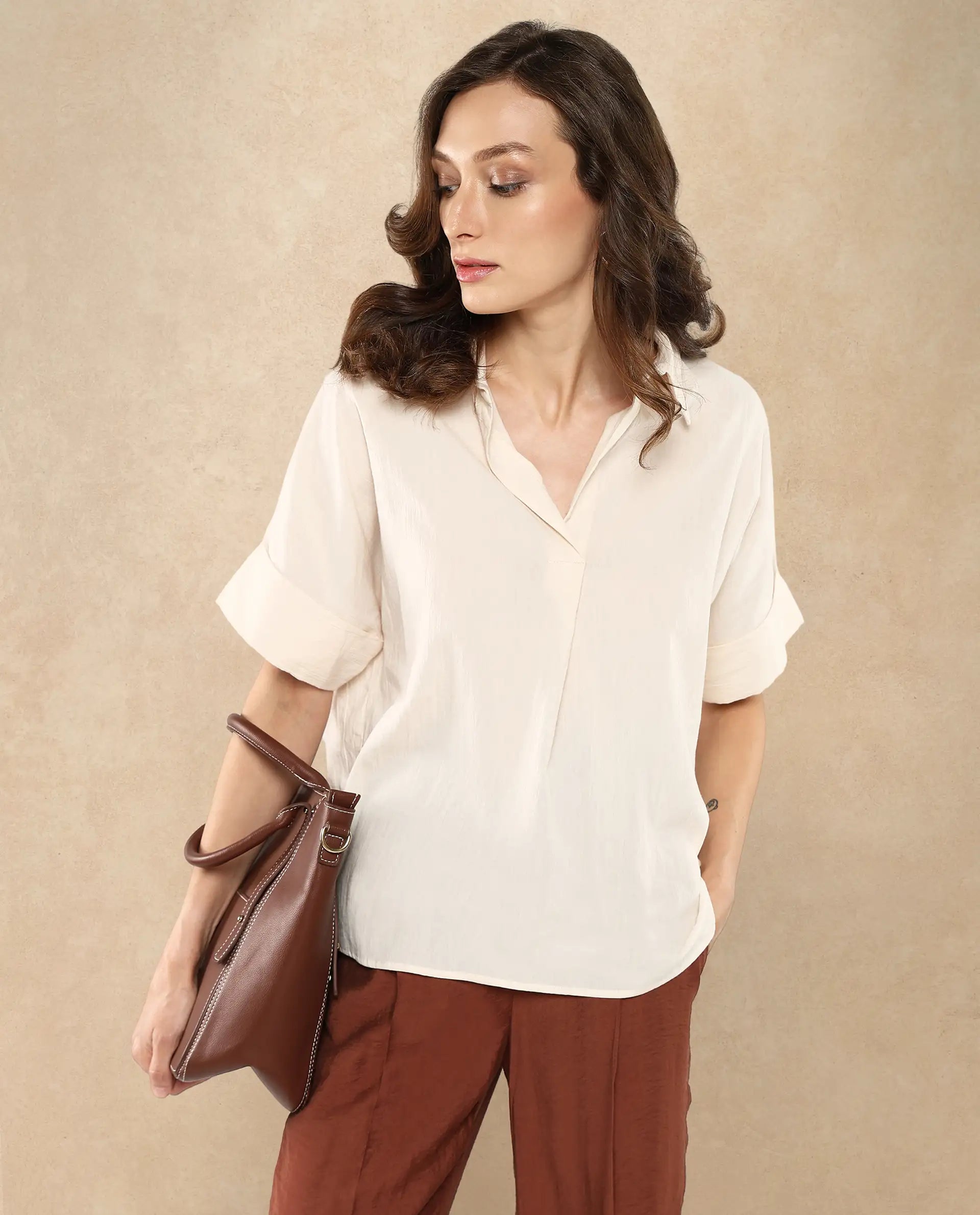 Rareism Women Tabsco Light Off White Short Sleeve Lapel Neck Button Closure Plain Shirt