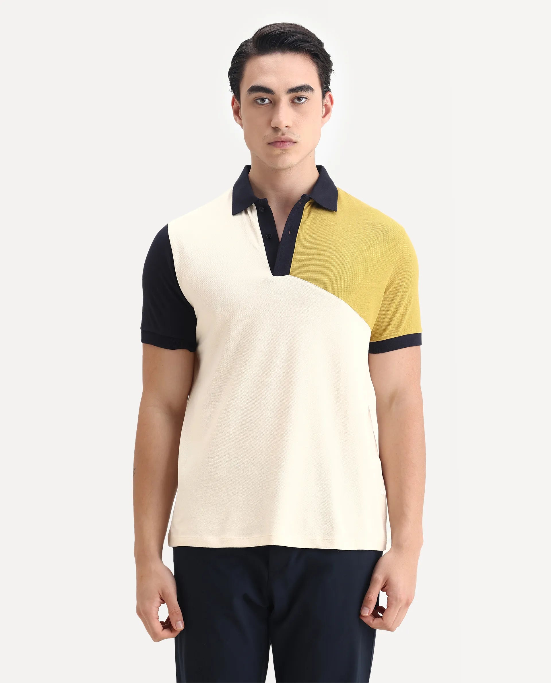 Rare Rabbit Men's Tachou Off White Cotton Ombre Regular Fit Half Sleeve Polo