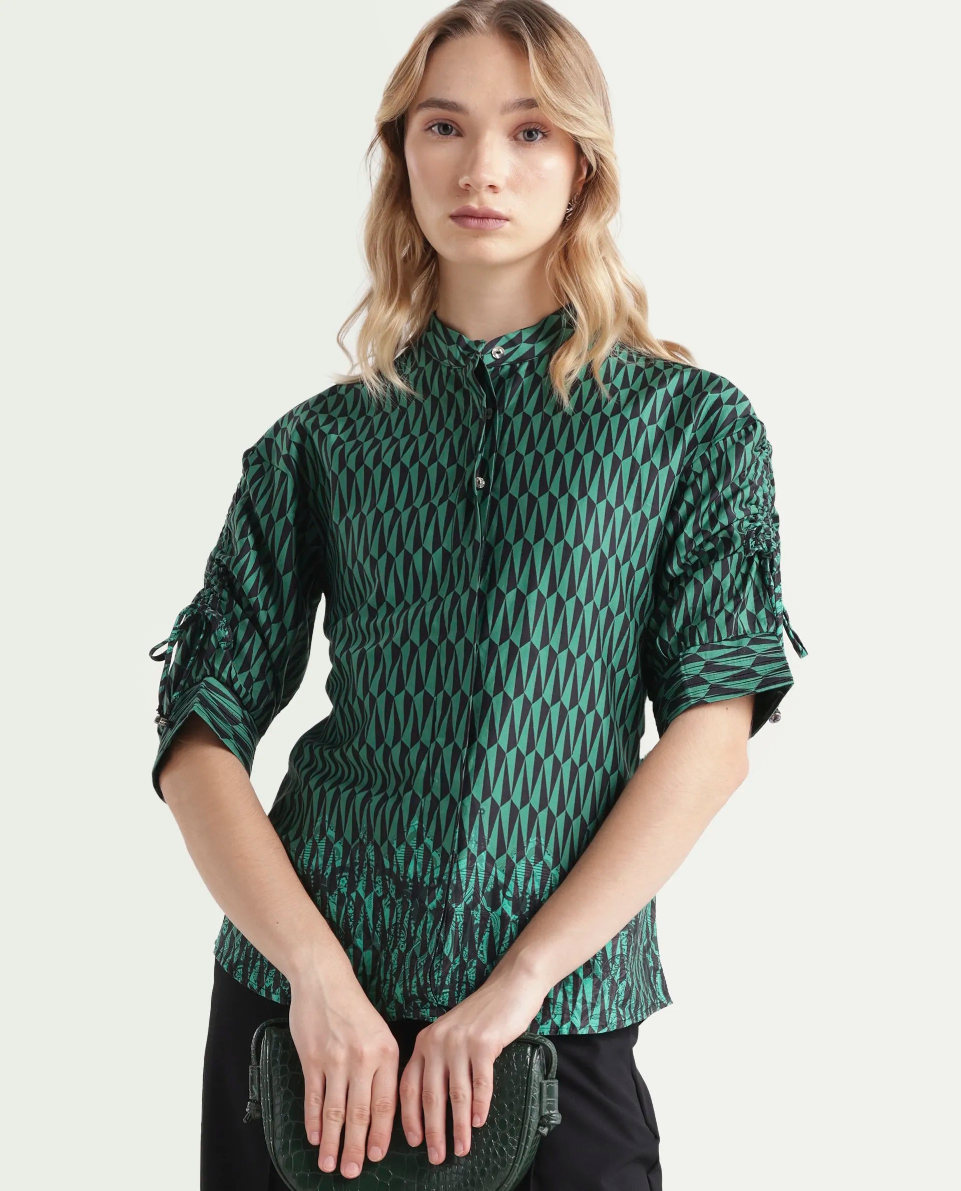 Rareism Women's Tafel Green Cotton Mandarin Collar Geometric Print Regular Fit Top