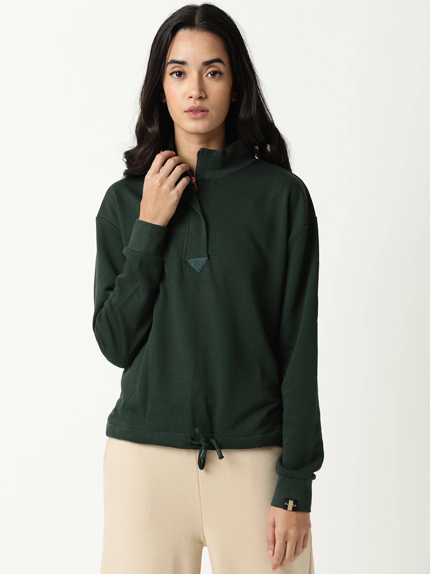 Rareism Women Taffy Green Relaxed Fit Full Sleeves Solid High Neck Sweatshirt