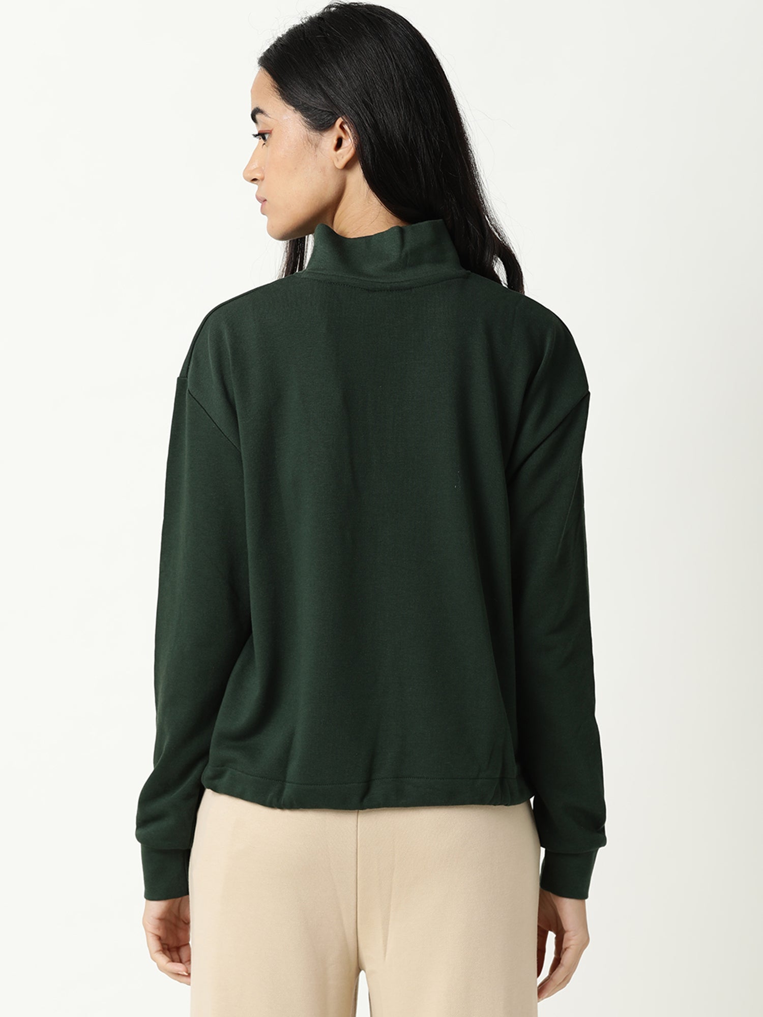 Rareism Women Taffy Green Relaxed Fit Full Sleeves Solid High Neck Sweatshirt