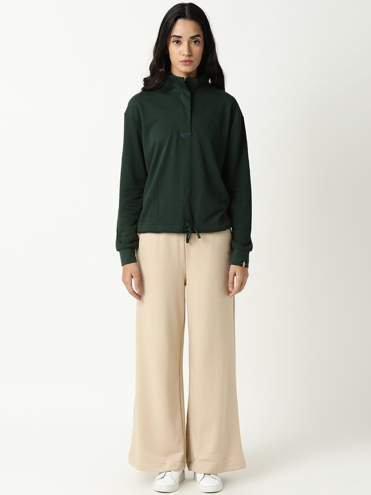 Rareism Women Taffy Green Relaxed Fit Full Sleeves Solid High Neck Sweatshirt