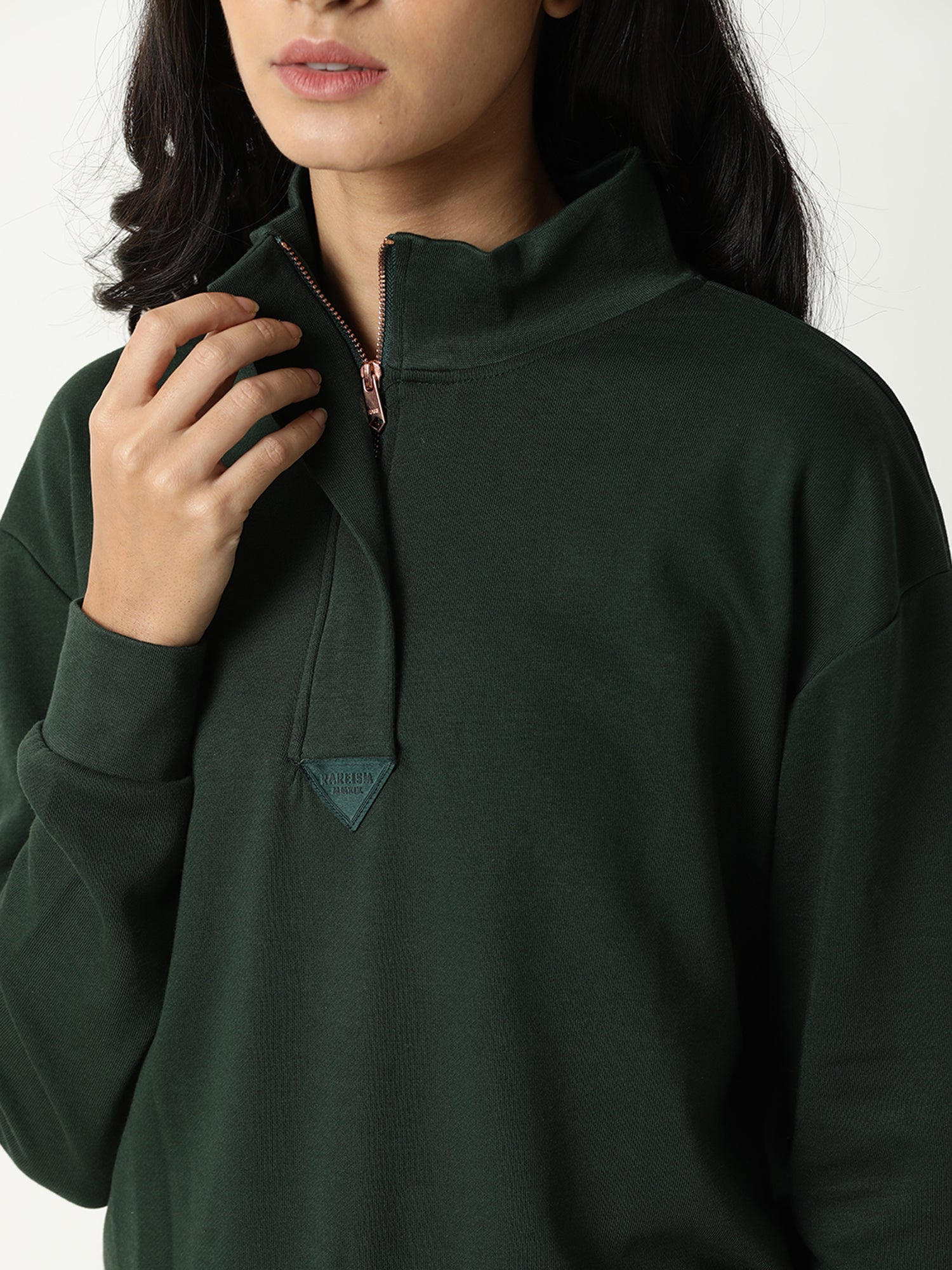 Rareism Women Taffy Green Relaxed Fit Full Sleeves Solid High Neck Sweatshirt
