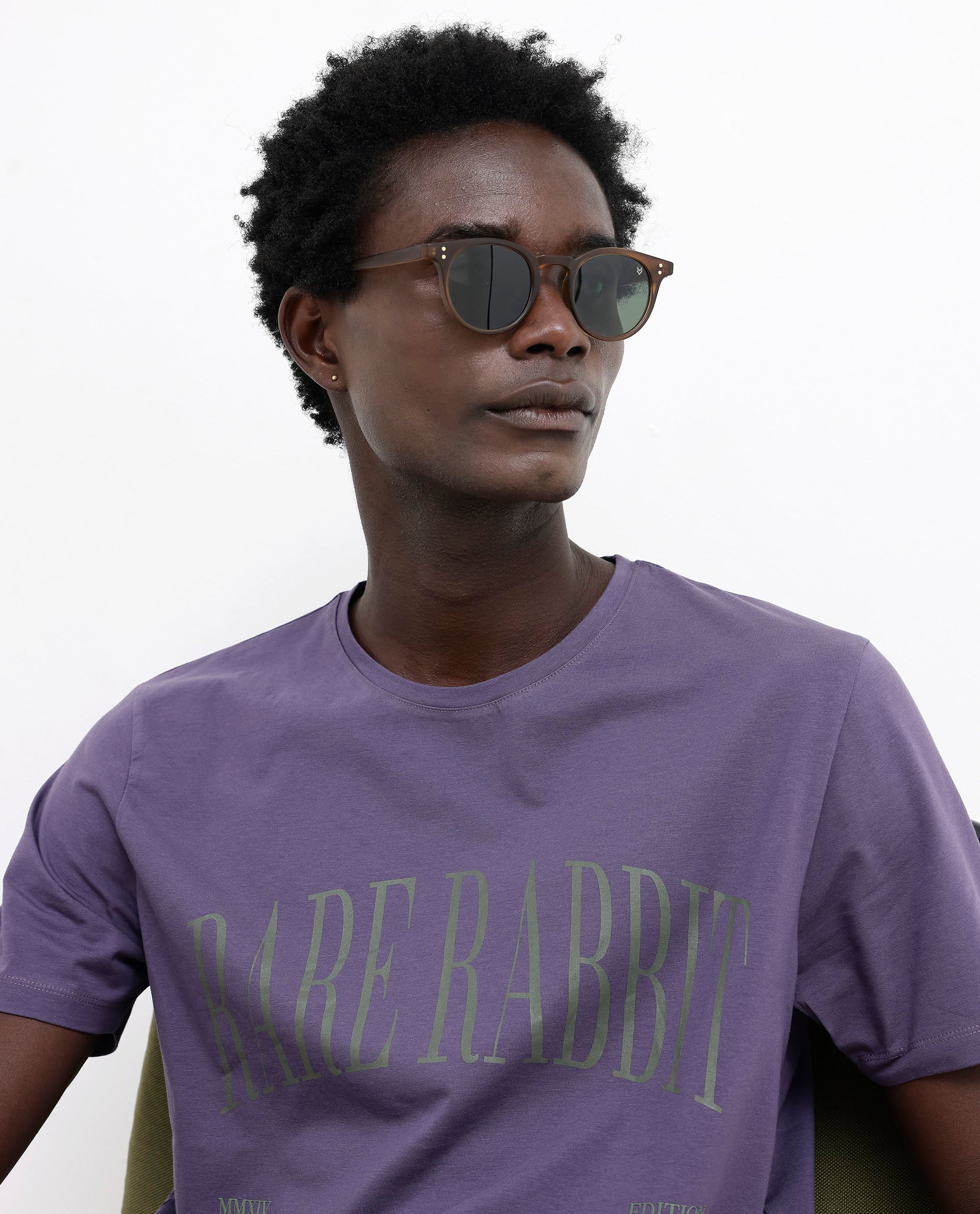 Rare Rabbit Mens Tage Dusky Purple Cotton Lycra Fabric Half Sleeves Graphic Print T-Shirt