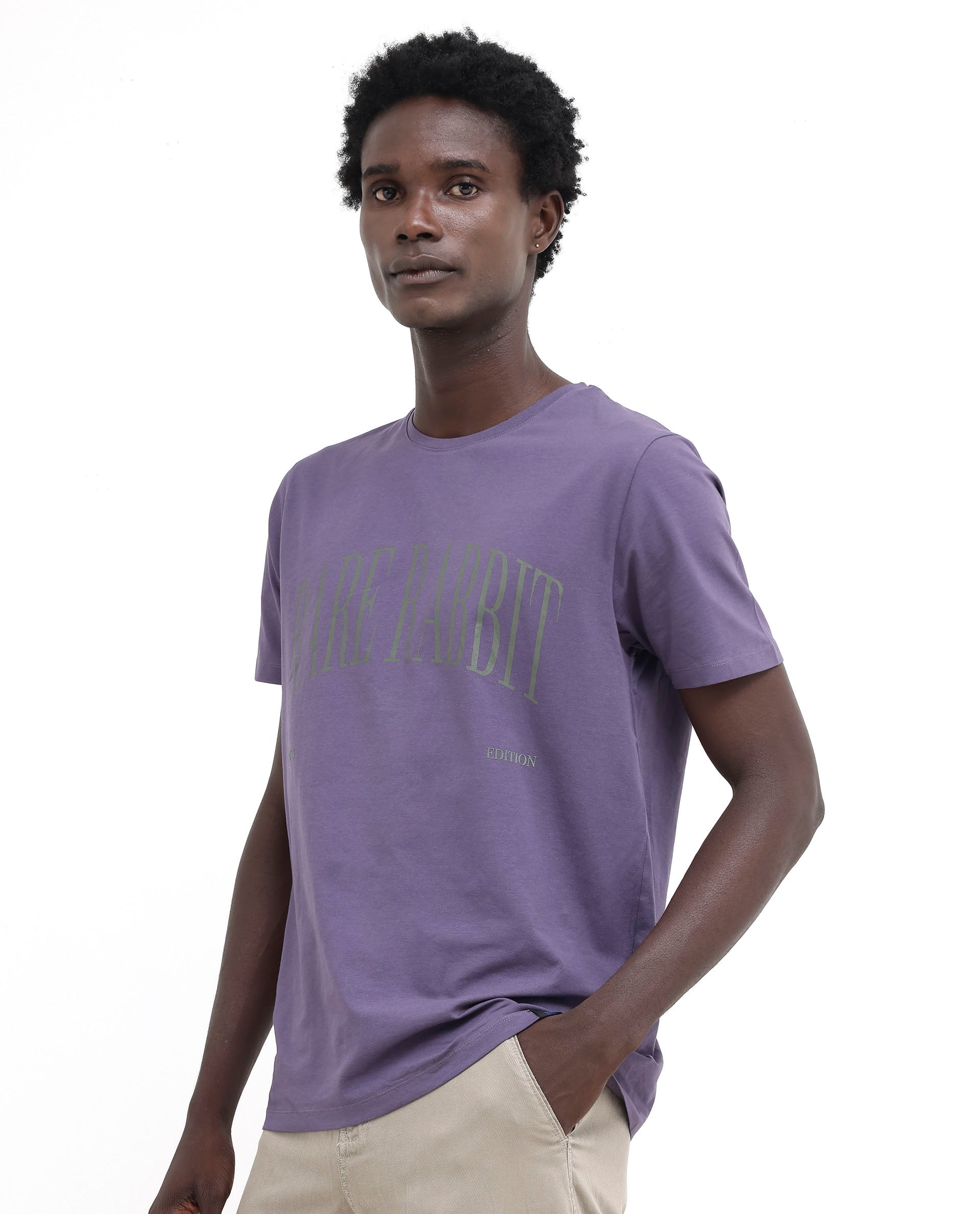 Rare Rabbit Mens Tage Dusky Purple Cotton Lycra Fabric Half Sleeves Graphic Print T-Shirt