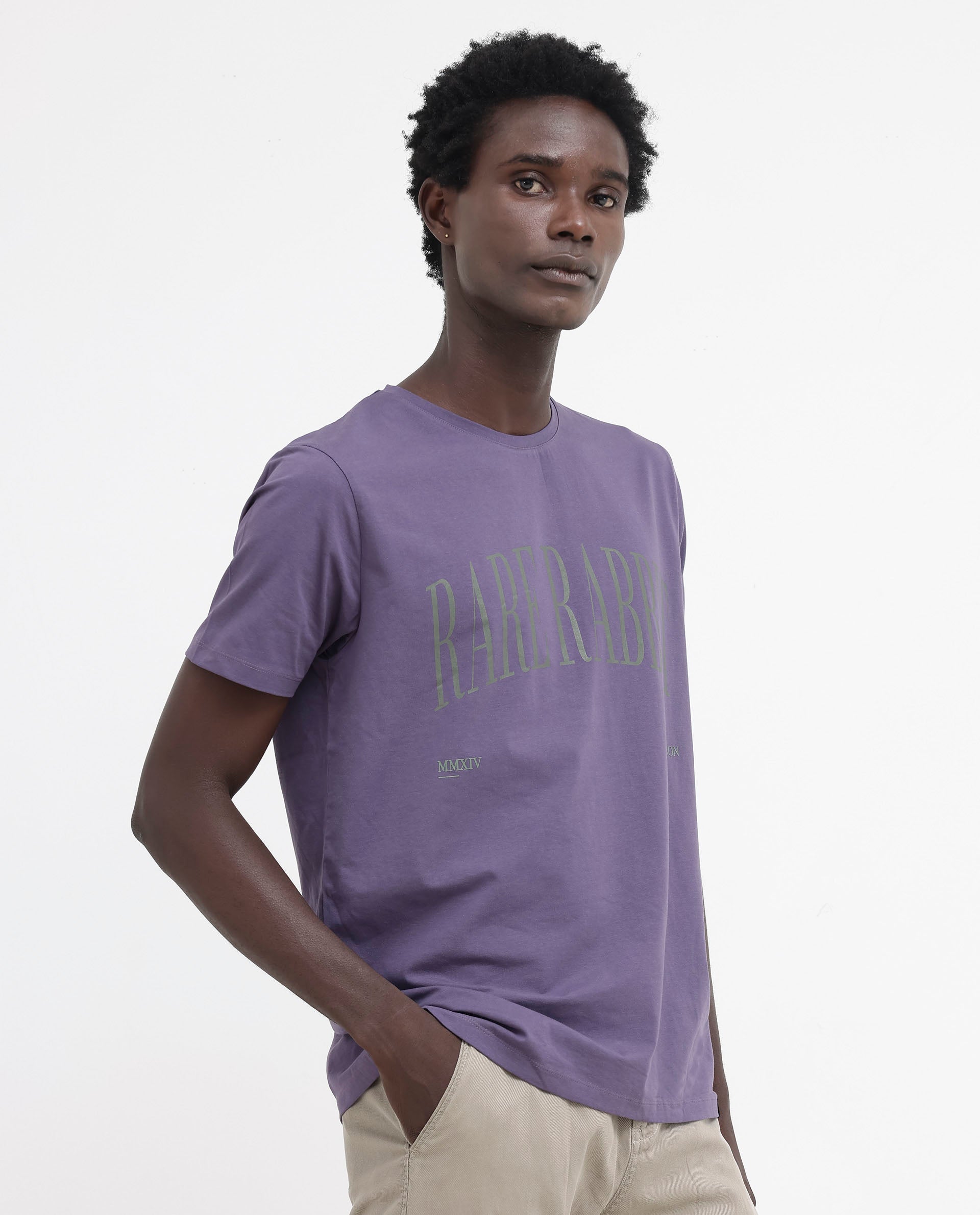 Rare Rabbit Mens Tage Dusky Purple Cotton Lycra Fabric Half Sleeves Graphic Print T-Shirt