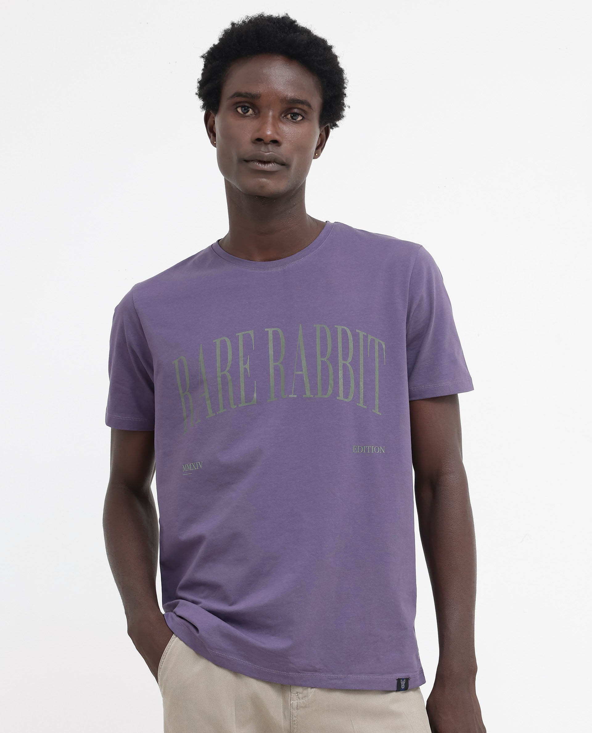 Rare Rabbit Mens Tage Dusky Purple Cotton Lycra Fabric Half Sleeves Graphic Print T-Shirt