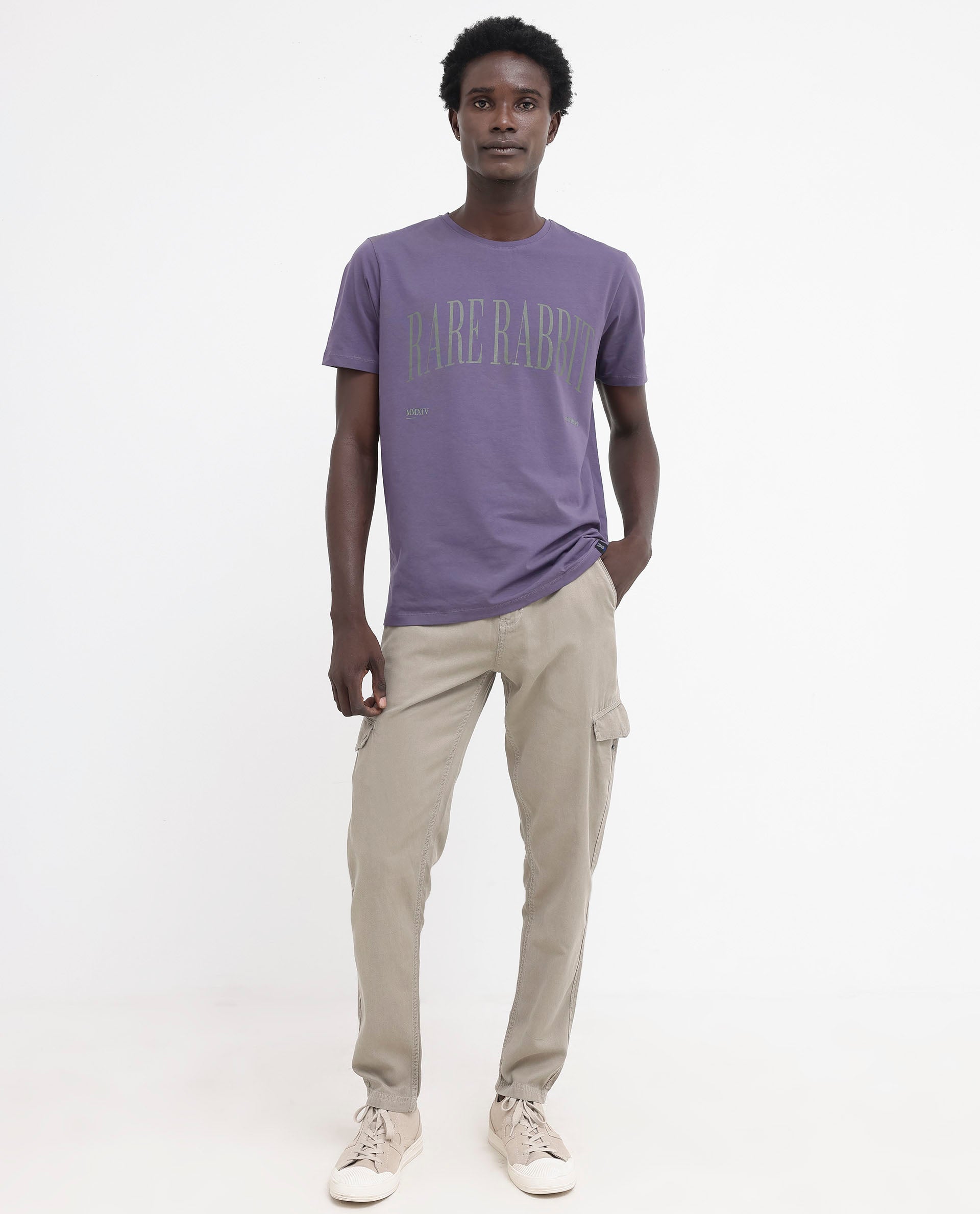 Rare Rabbit Mens Tage Dusky Purple Cotton Lycra Fabric Half Sleeves Graphic Print T-Shirt