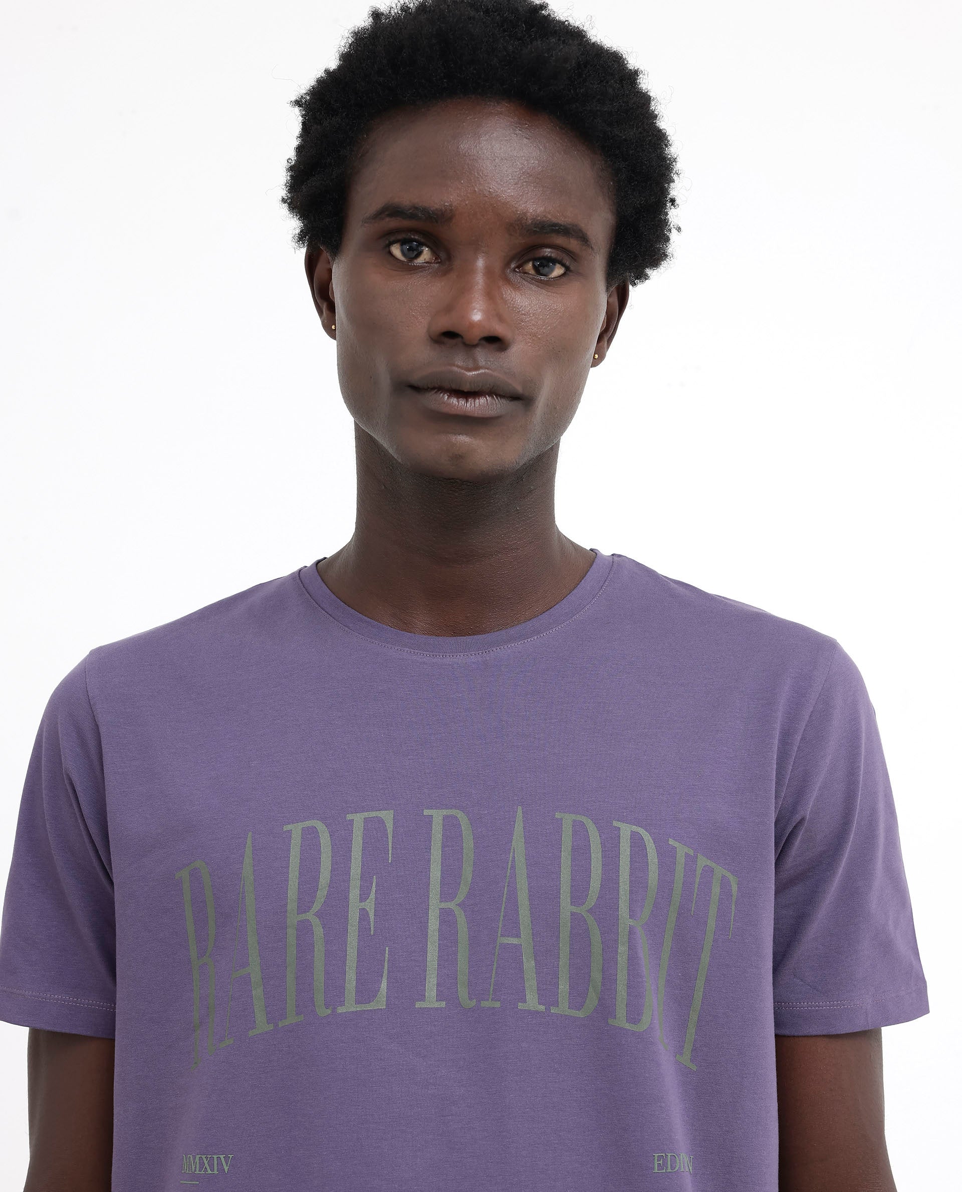 Rare Rabbit Mens Tage Dusky Purple Cotton Lycra Fabric Half Sleeves Graphic Print T-Shirt