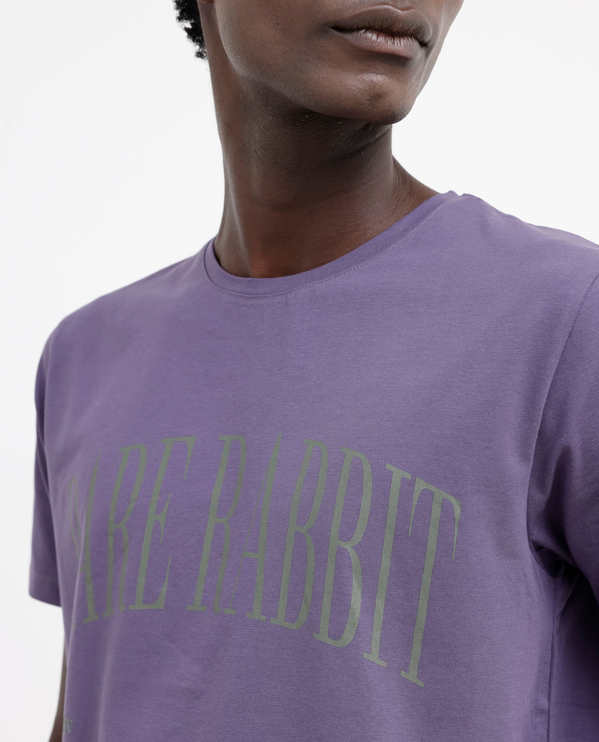 Rare Rabbit Mens Tage Dusky Purple Cotton Lycra Fabric Half Sleeves Graphic Print T-Shirt