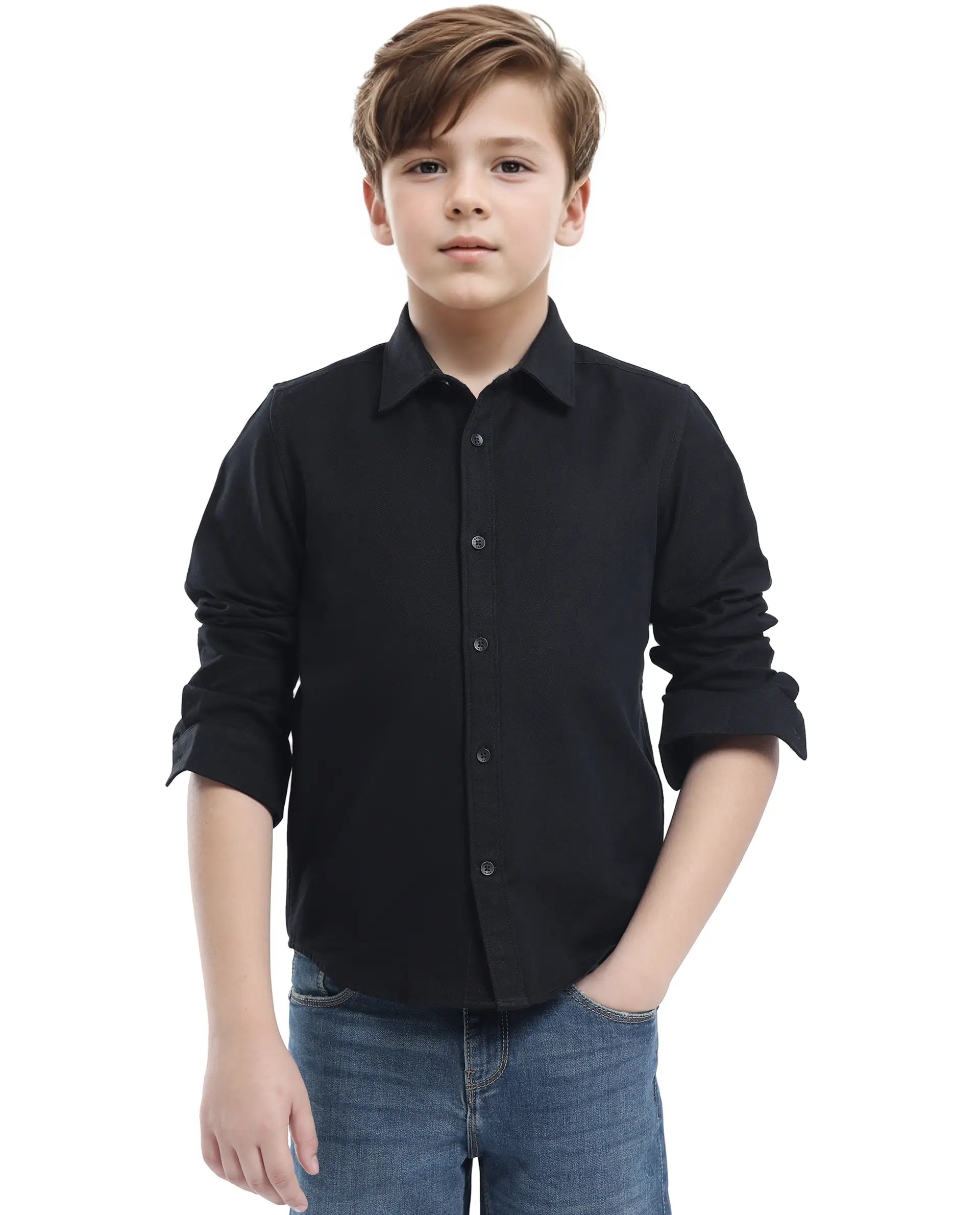 Rare Ones Kids Tago Black Cotton Full Sleeve Button Solid Regular Fit Shirt