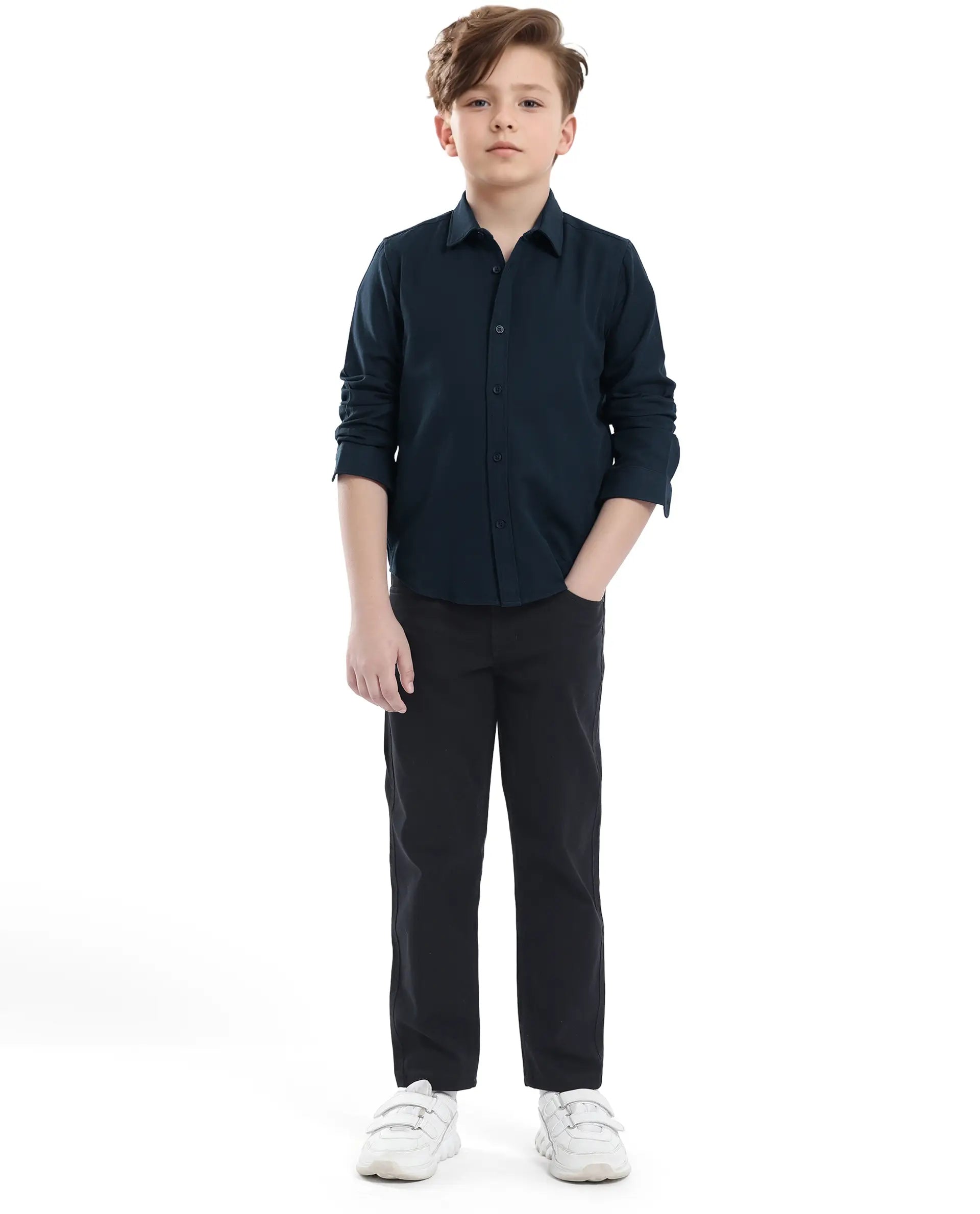 Rare Ones Kids Tago Navy Cotton Full Sleeve Button Solid Regular Fit Shirt
