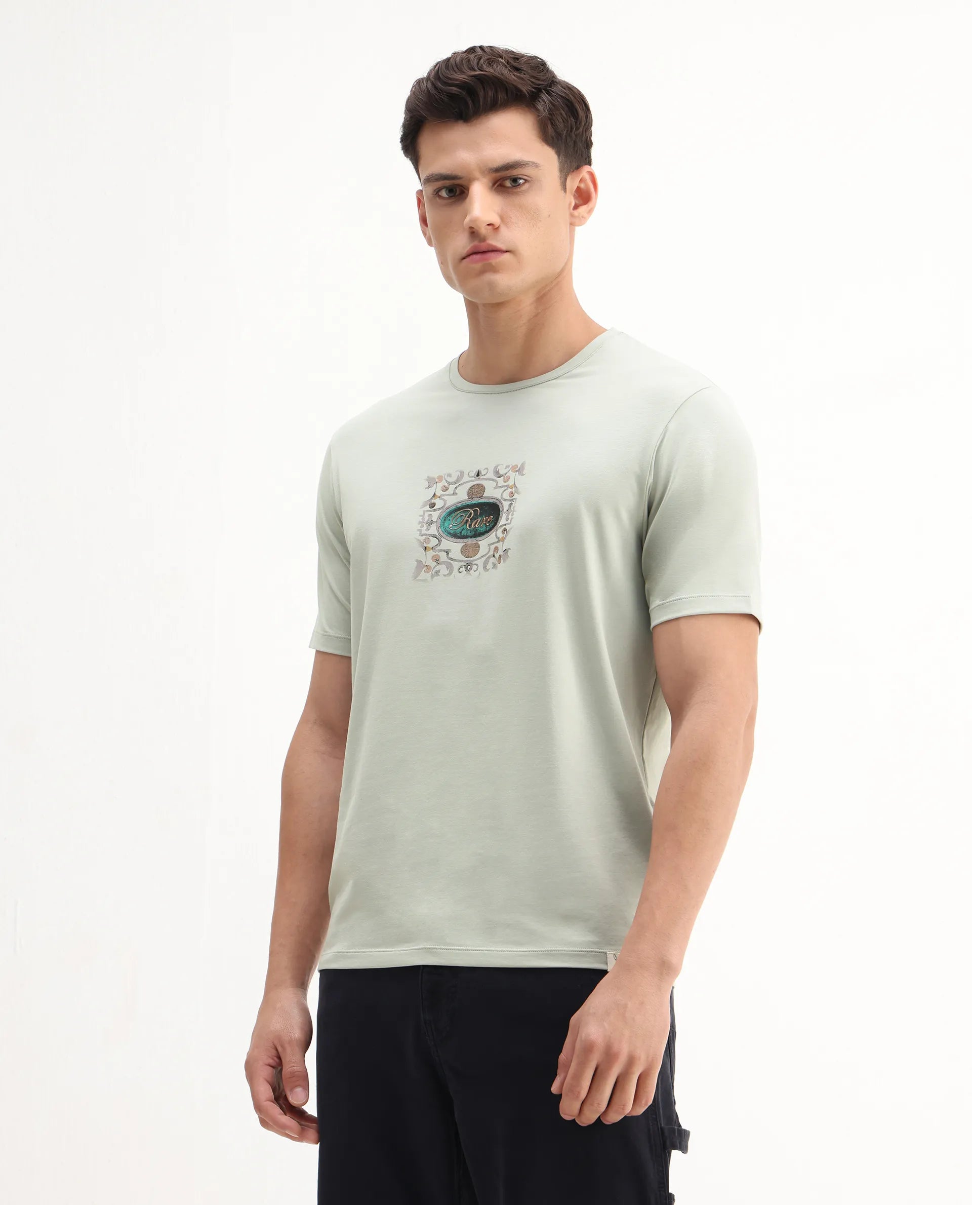 Rare Rabbit Men's Tain Pastel Green Cotton Blend Graphic Print Regular Fit Half Sleeve Crew Neck T-Shirt