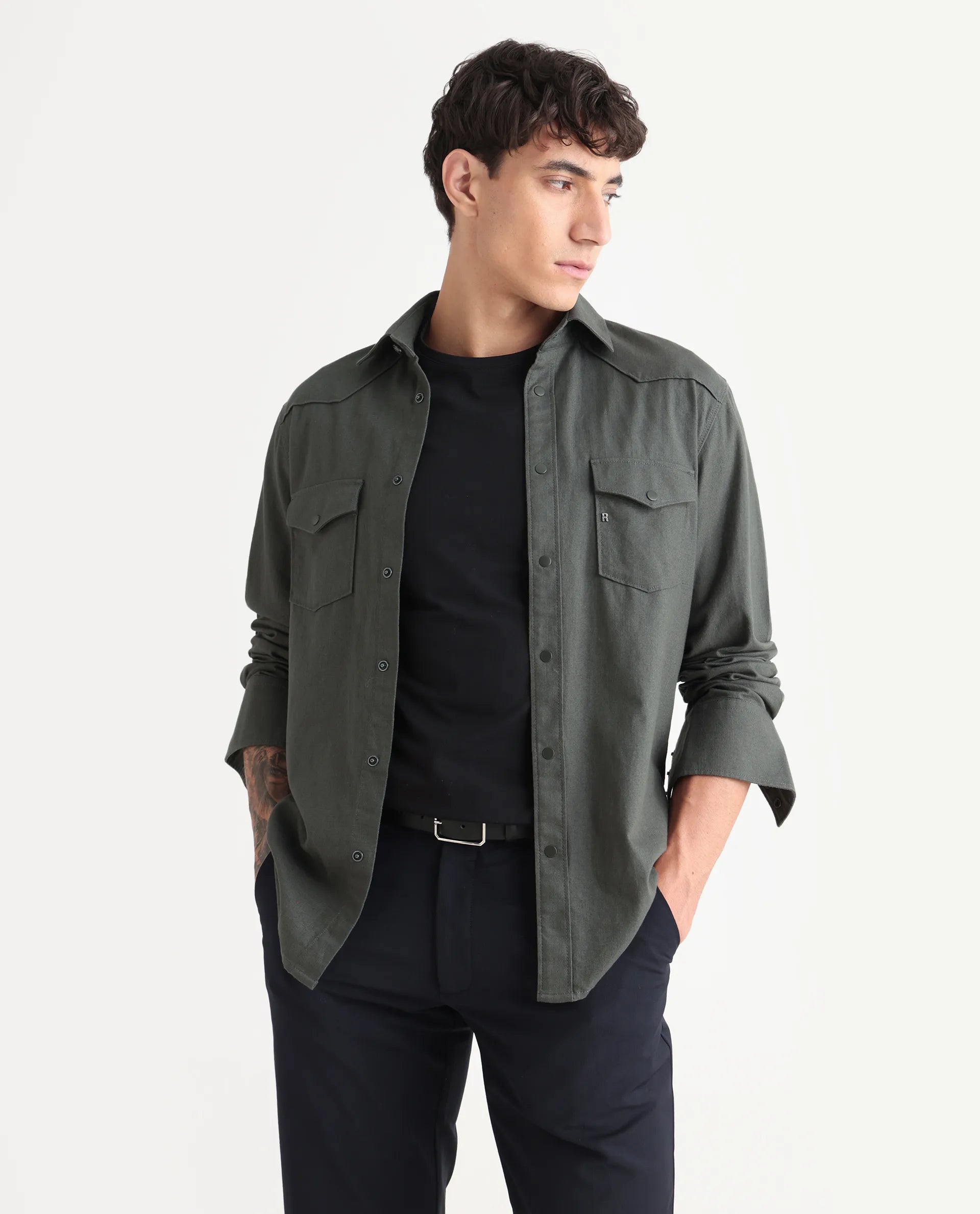 Rare Rabbit Men's Taison-25 Dark Grey Cotton Plain Regular Fit Full Sleeve Collared Shirt
