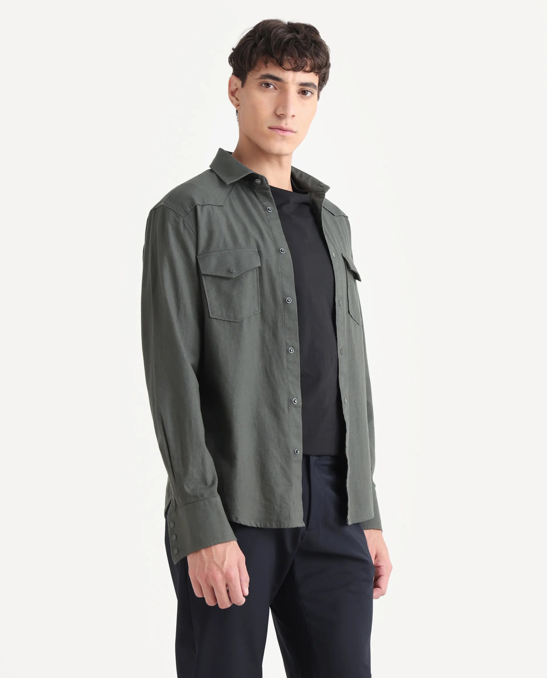 Rare Rabbit Men's Taison-25 Dark Grey Cotton Plain Regular Fit Full Sleeve Collared Shirt