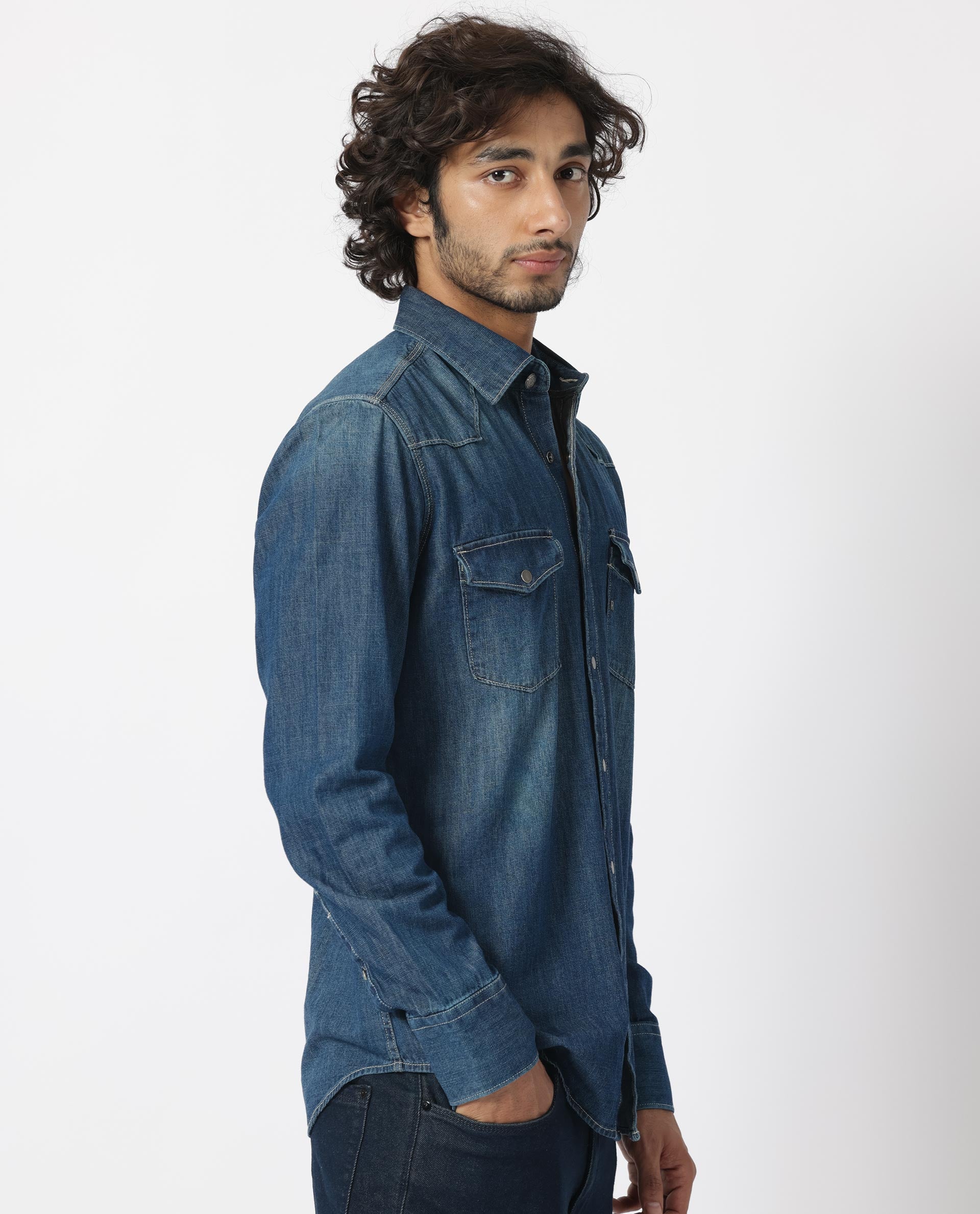 Rare Rabbit Men's Taison Dark Blue Cotton Fabric Full Sleeves Denim Shirt