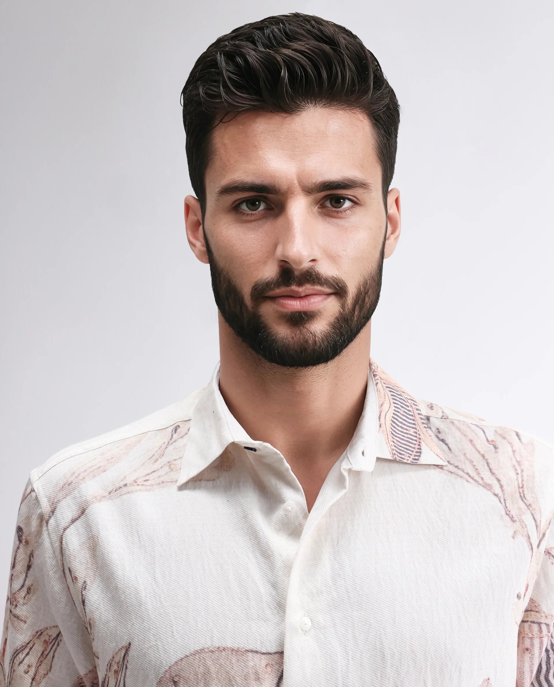 Rare Rabbit Men's Taks White Viscose Blend Floral Print Regular Fit Full Sleeve Collared Shirt