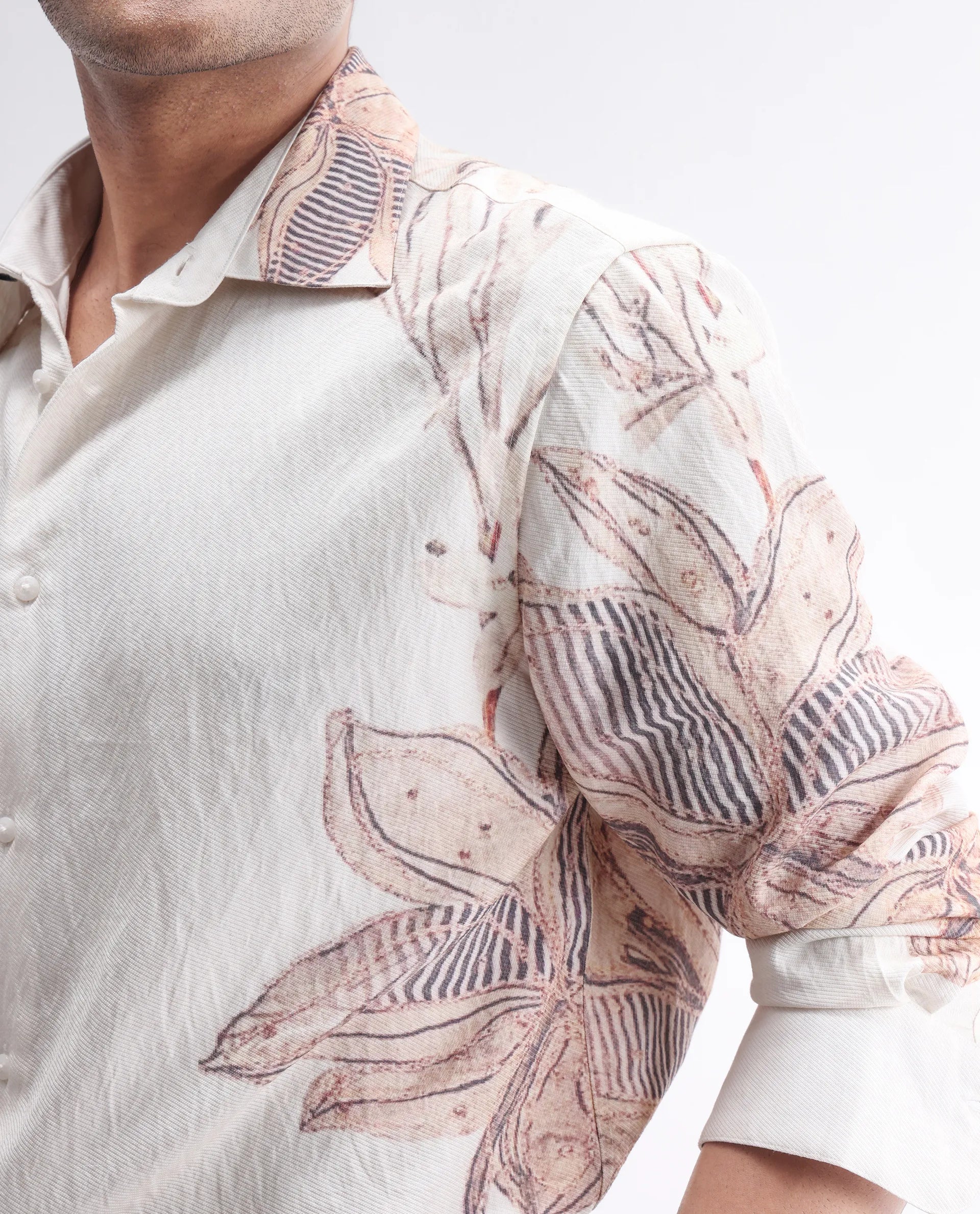 Rare Rabbit Men's Taks White Viscose Blend Floral Print Regular Fit Full Sleeve Collared Shirt