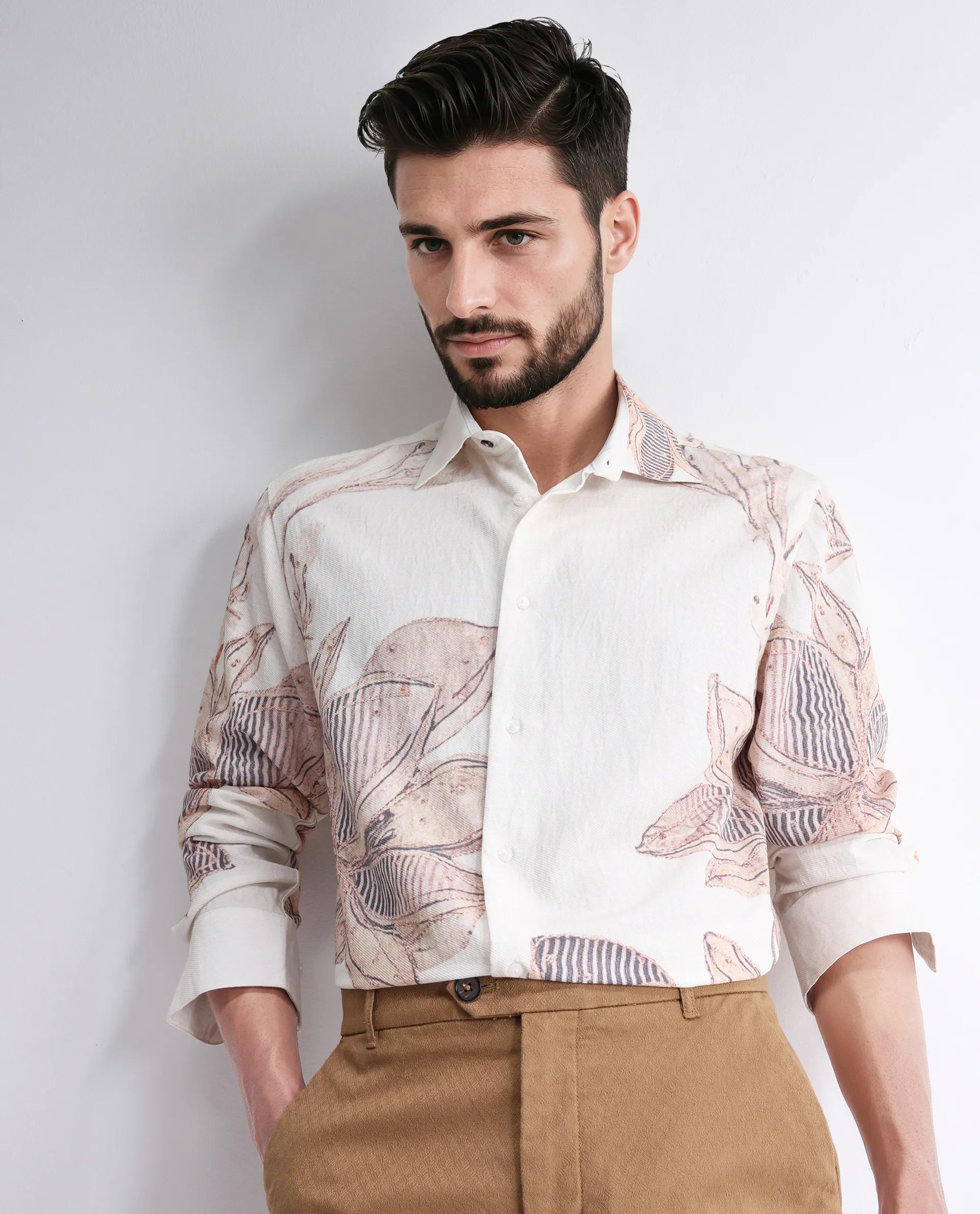 Rare Rabbit Men's Taks White Viscose Blend Floral Print Regular Fit Full Sleeve Collared Shirt