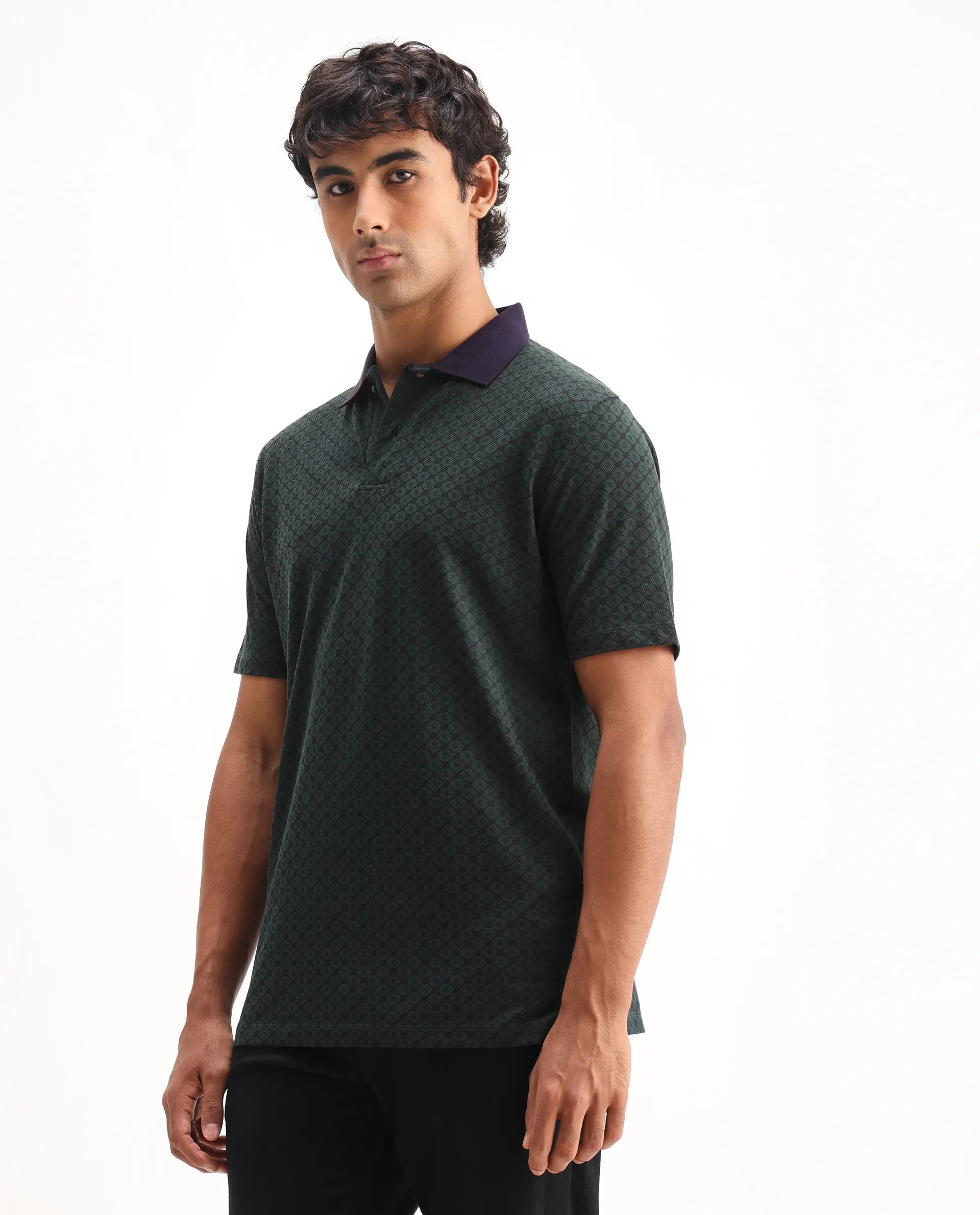 Rare Rabbit Men's Talbot Dark Green Cotton Monogram Print Regular Fit Half Sleeve Polo