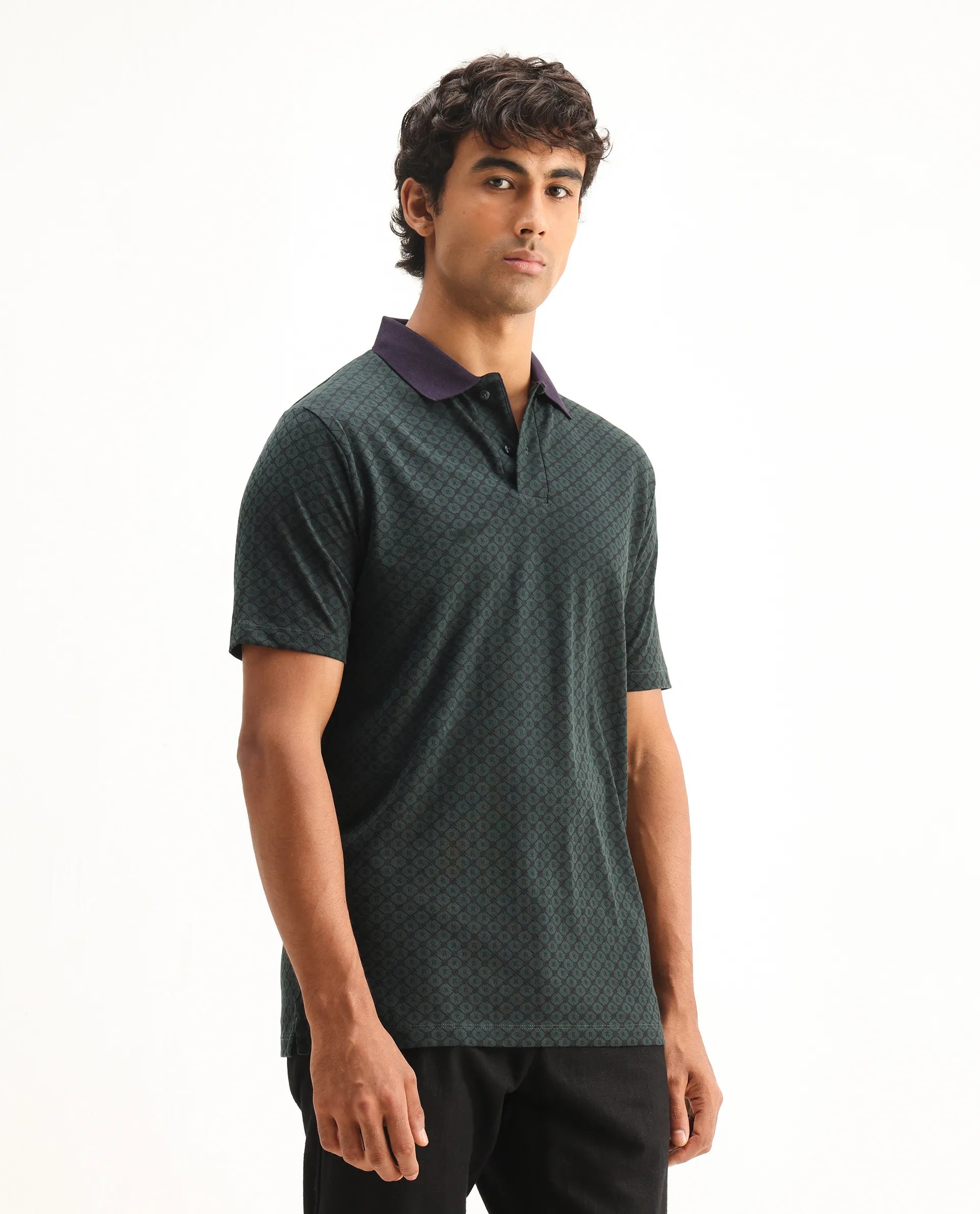 Rare Rabbit Men's Talbot Dark Green Cotton Monogram Print Regular Fit Half Sleeve Polo