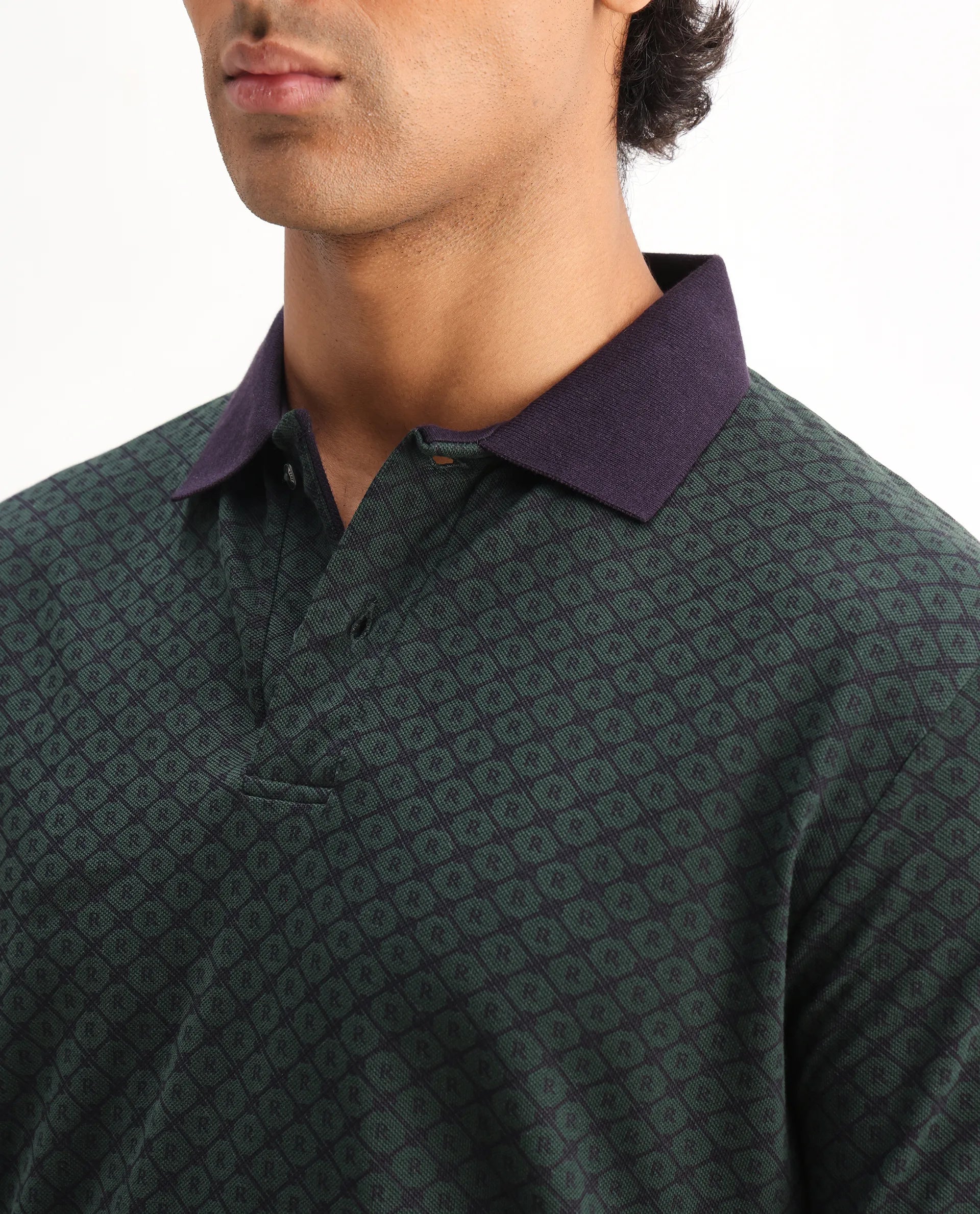 Rare Rabbit Men's Talbot Dark Green Cotton Monogram Print Regular Fit Half Sleeve Polo