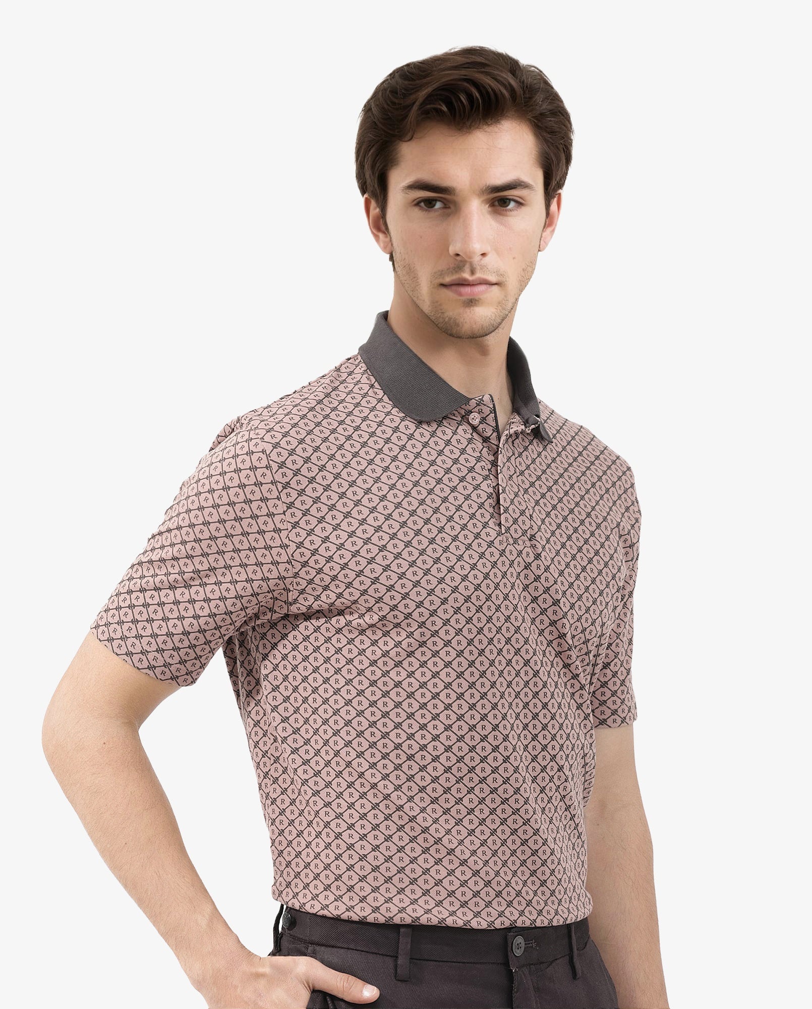 Rare Rabbit Mens Talbot Dusky Peach Short Sleeve Monogram Print Polo T-Shirt